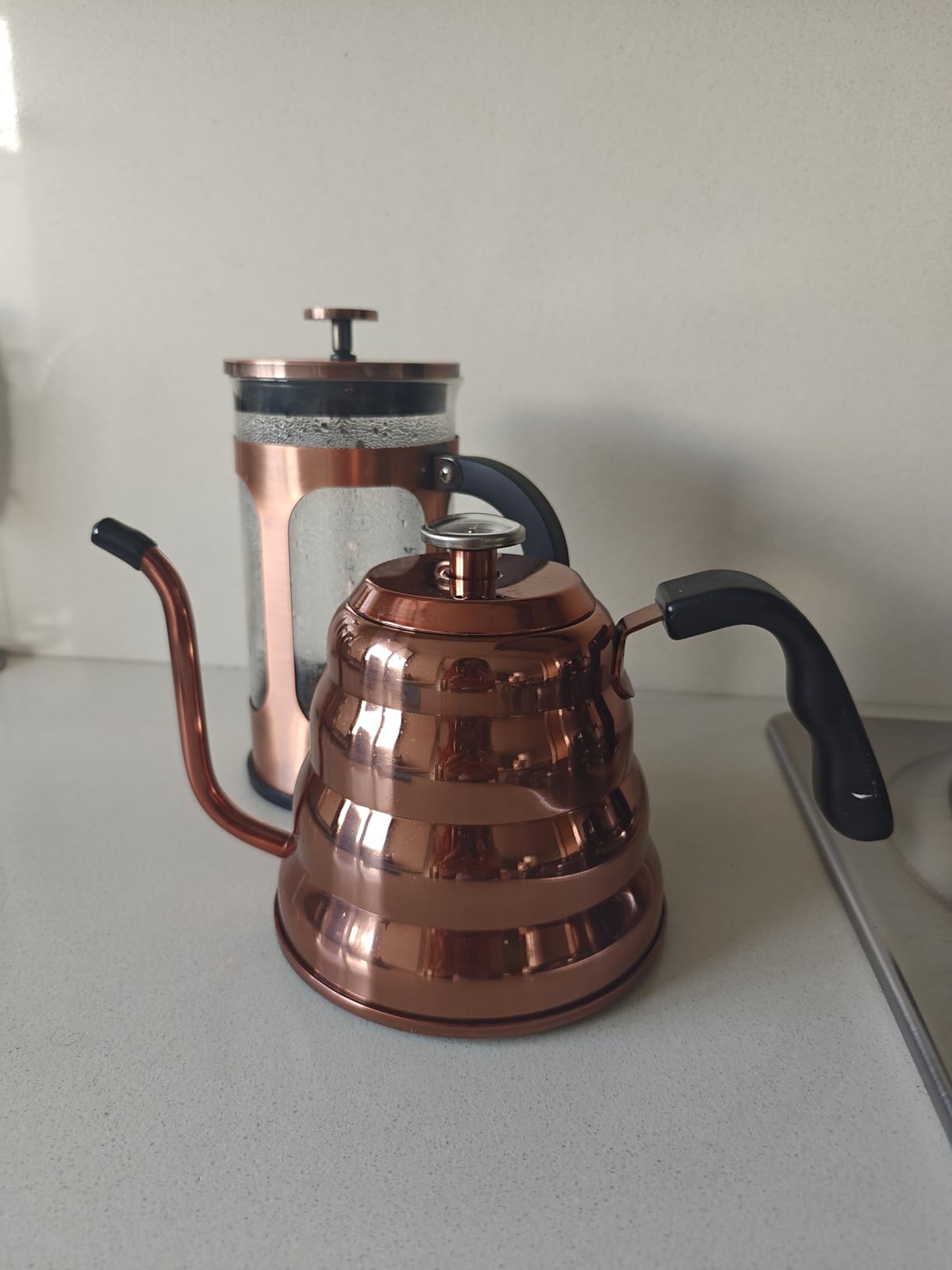 Barista Warrior Gooseneck Kettle with Thermometer - 1.2L Pour Over Coffee & Tea Kettle, 18/8 Stainless Steel Gooseneck Kettle Pot, Precision Pour Drip Spout, Suitable for All-Stoves (40 fl oz) customer photo 1