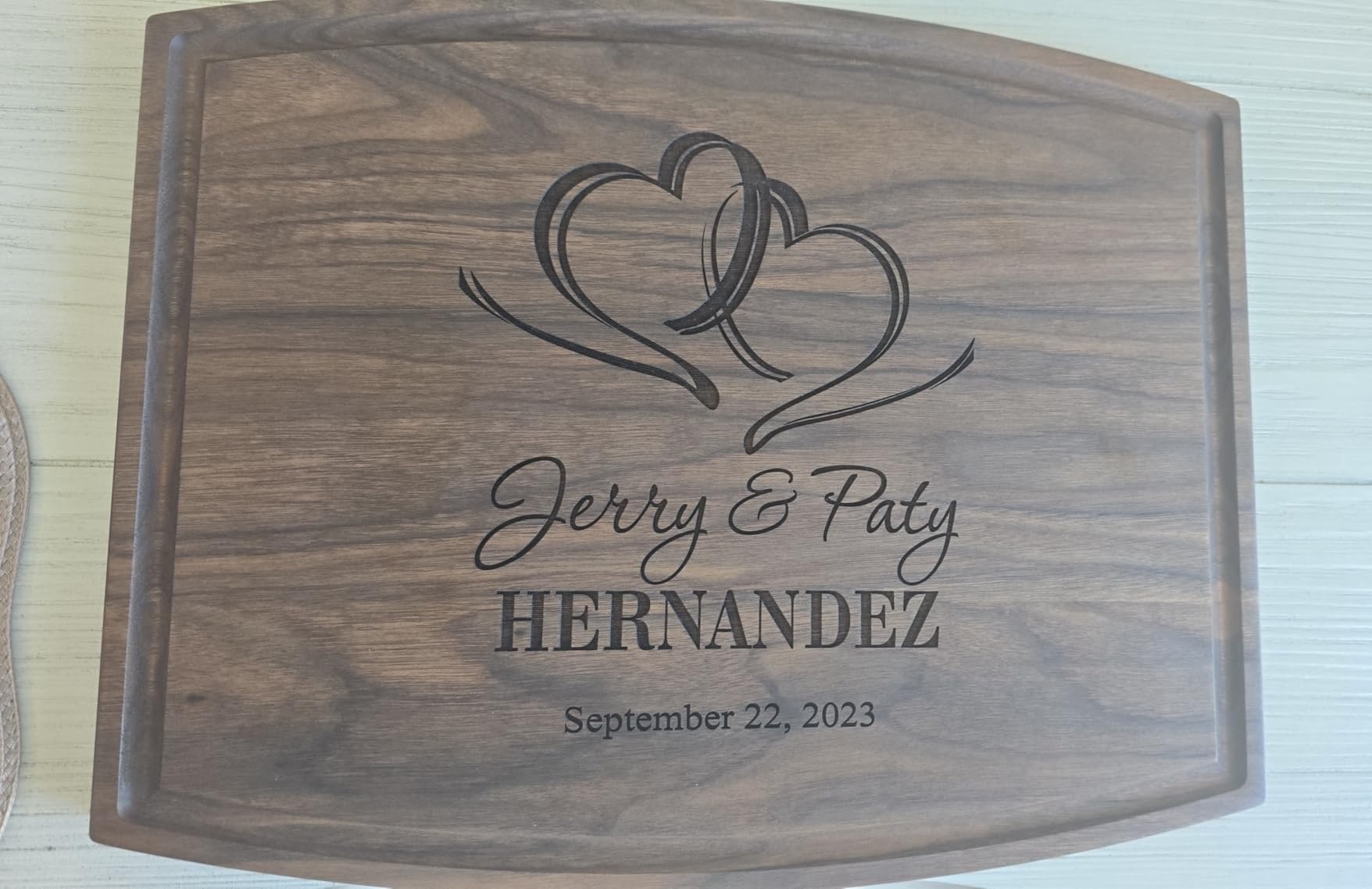 Personalized Cutting Board, Custom Wedding, Anniversary or Housewarming Gift Idea, Wood Engraved Charcuterie, for Newlyweds and Couples, Two Hearts Design 027 customer photo 2