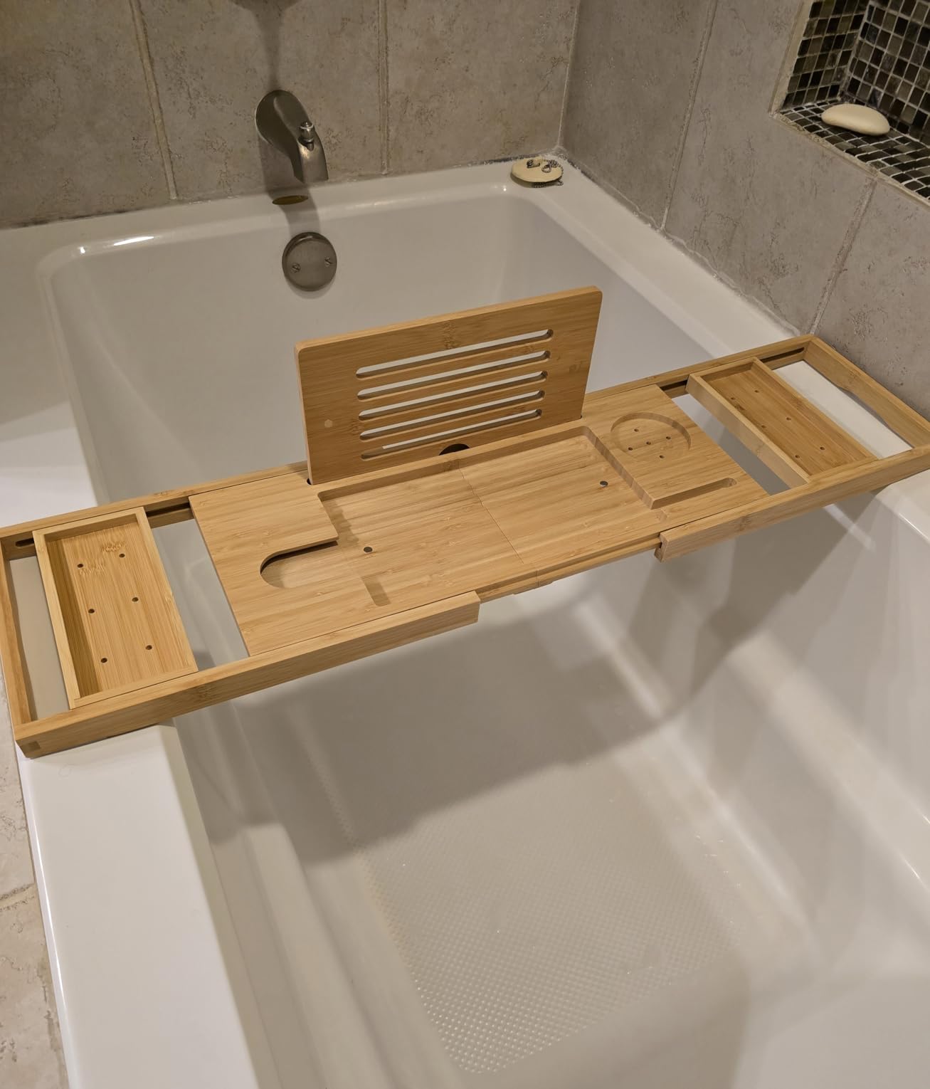 Deep Calm Bathtub Tray Caddy - Bamboo Foldable Bath Tub Table, Expandable Bath Tray Holds All Bathtub Accessories, Perfect Luxury Relaxing Gift for Self Care customer photo 1