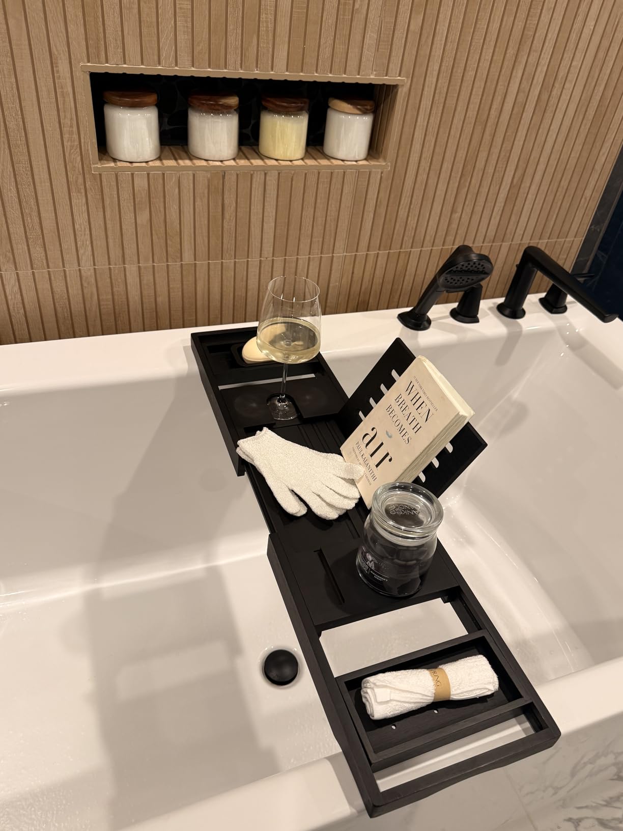 Temple Spring Wooden Bathtub Tray, Bamboo Bathroom Accessories, Bath Tray for Tub, at Home Spa Essentials, Board for Tub Table, Bath Caddy for Bathtub Accessories & Bathroom Essentials - Wood Brown customer photo 2