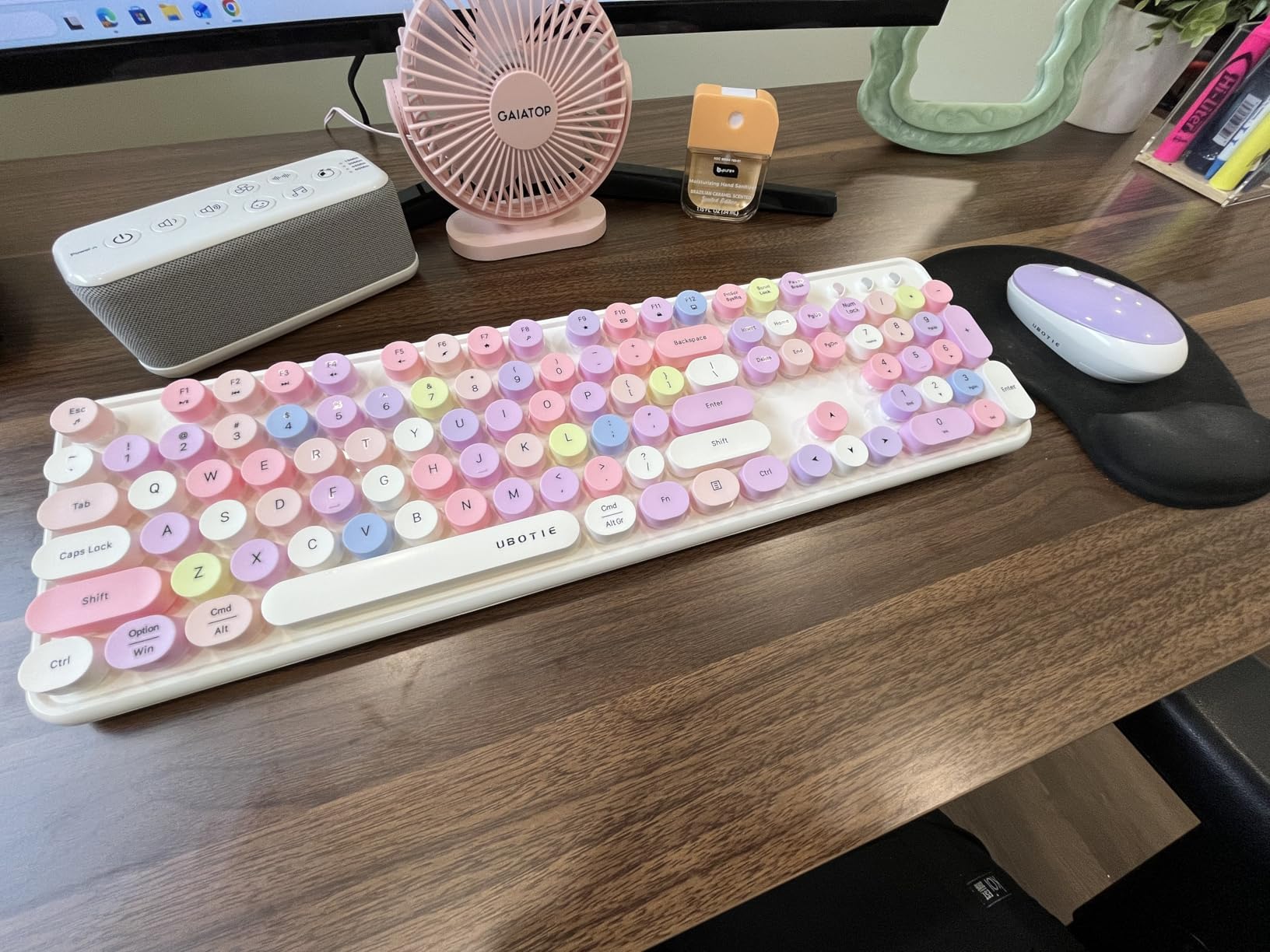 UBOTIE Colorful Computer Wireless Keyboard Mice Combo, Retro Typewriter Flexible Keys Office Full-Sized Keyboard, 2.4GHz Dropout-Free Connection and Optical Mouse (Pink-Colorful) customer photo 2