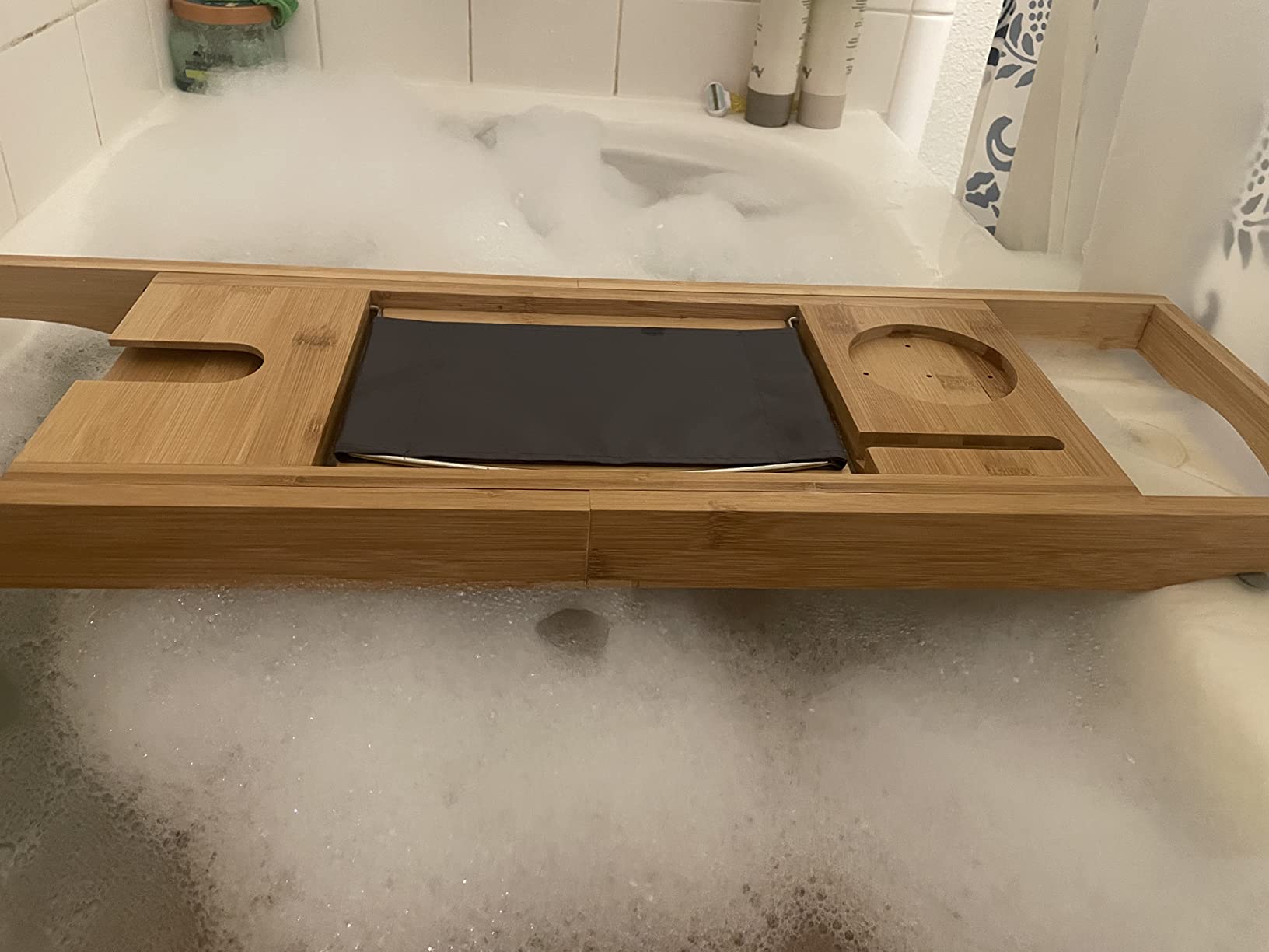 Bath Caddy Tray for Bathtub - Bamboo Adjustable Organizer Tray for Bathroom with Free Soap Dish Suitable for Luxury Spa or Reading(Walnut) customer photo 2