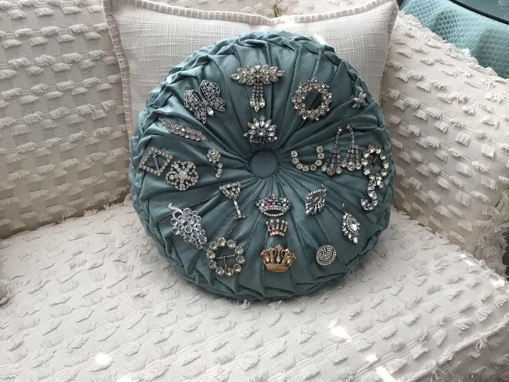 Round Velvet Pillow for Couch Small Handmade Decorative Throw Pillow for Bed Bedroom 13.7