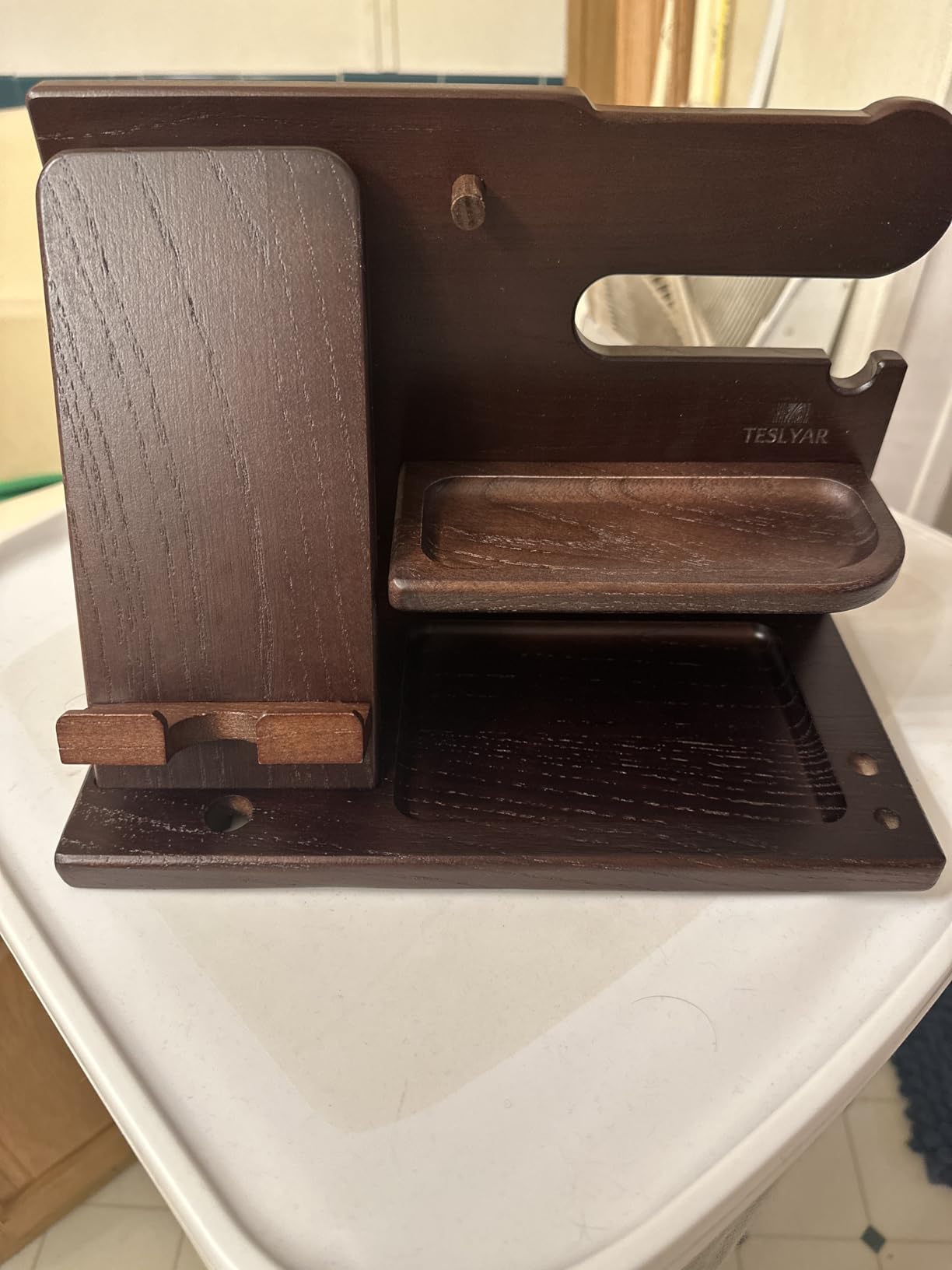 TESLYAR Wood Phone Docking Station for Men - Desk or Nightstand Organizer - Birthday Gifts for Husband, Dad - Anniversary Idea from Wife - Key Holder, Stand Wallet, Watch & Essentials (Bourbon Brown) customer photo 2