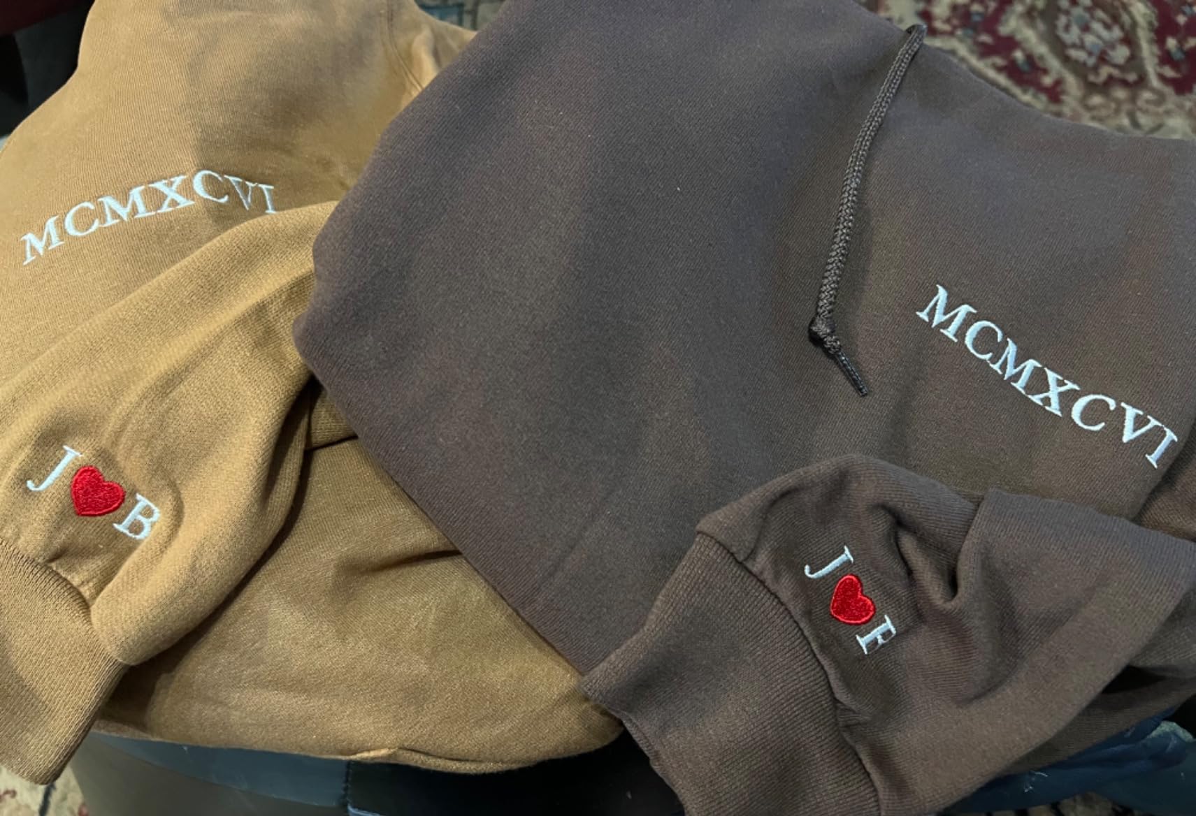Custom Embroidered Roman Numeral Matching Couple Hoodies, Set of 2, Personalized with Initial Heart & Anniversary Date customer photo 1