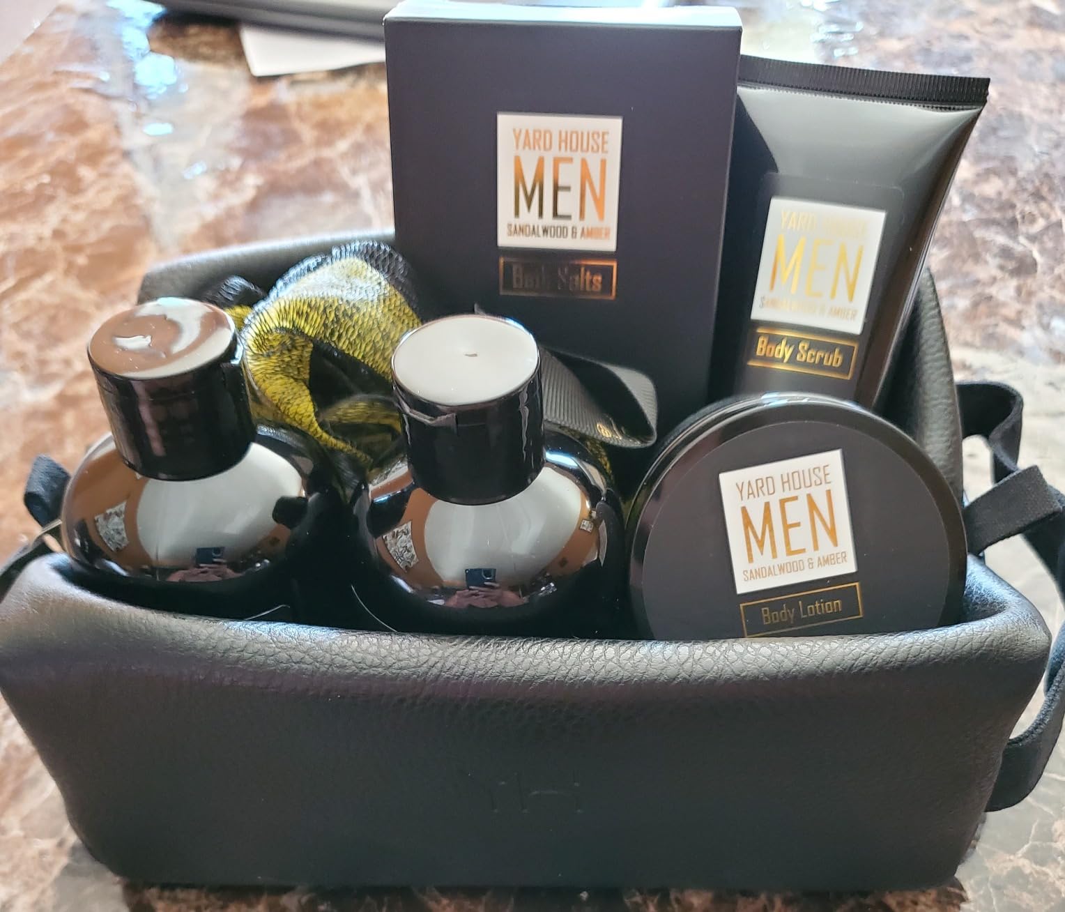 Bath and Body Spa Gift Baskets Set for Men - Sandalwood Amber - 7Pc Full Size Spa Kit in Toiletry Bag - Fathers Day Gifts For Husband, Dad From Wife, Daughter Son, Birthday Gifts For Him customer photo 1