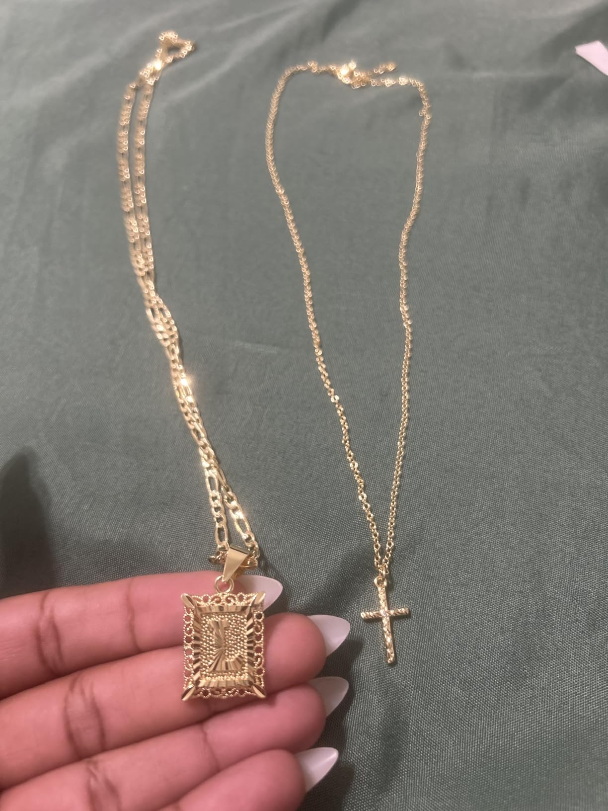 Gold Layered Initial Cross Necklace, 14K Gold Plated Layering Square Letter Pendant Figaro Chain Cross Choker from A-Z Capital Jewelry for Women Girls customer photo 1