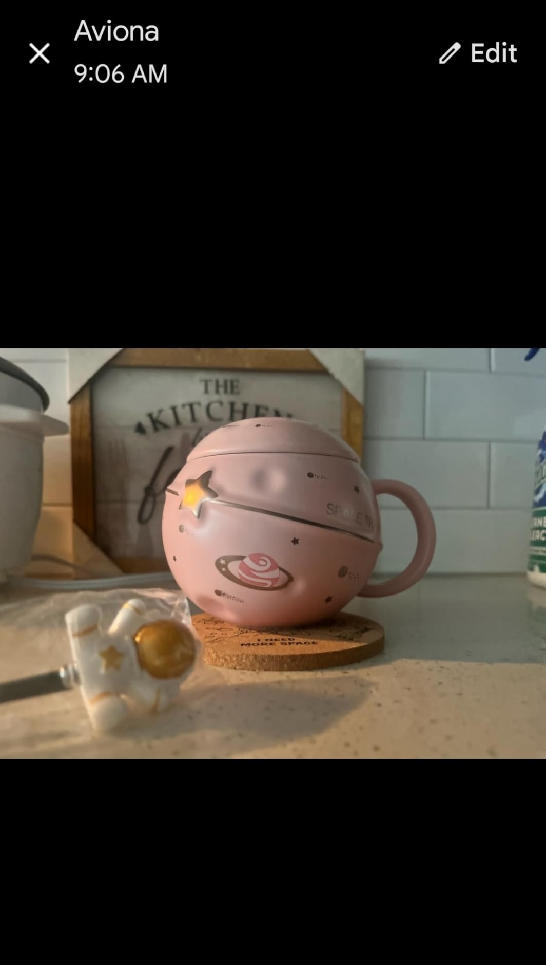 Kawaii Astronaut Cup Space Embossed Planet Mug, Cute Ceramic Coffee Mug, Novelty Mug with Lid and Spoon for Coffee, Tea, Milk, Aesthetic Room Decor Funny Gift for Girl Boy Women (Dark blue) customer photo 2