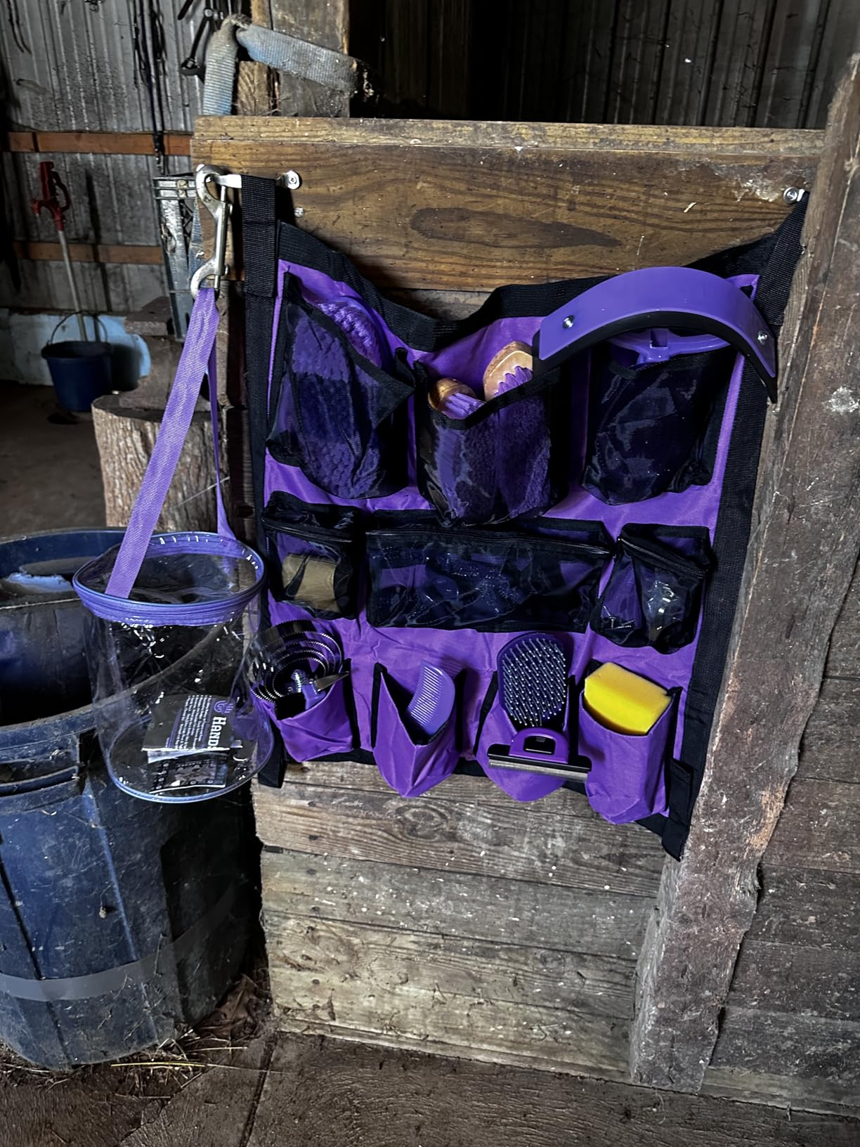 Cunhill 9 Pcs Horse Grooming Kit Tack Room Supplies Set with Tote Bag, Oval Massage Curry, Hard and Soft Brush, Hoof Pick, Sweat Scraper, Bathing Sponge, Comb for Horse Rider(Cute,Purple) customer photo 1
