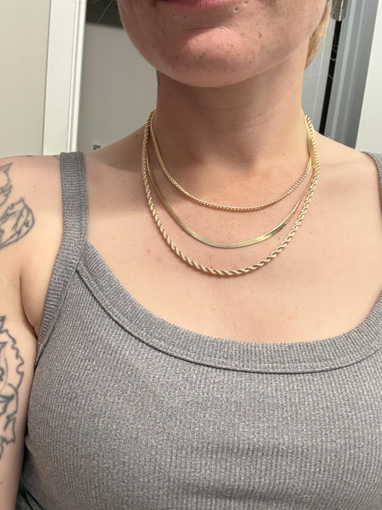 Women's Layered Necklace Set - 3 Piece Dainty Gold Jewelry for Everyday Stacking | 14K Gold Plated Snake Chain, Rope Chain, Cuban Chain | Adjustable Length 14-18.5 Inch | Gift Ready customer photo 1