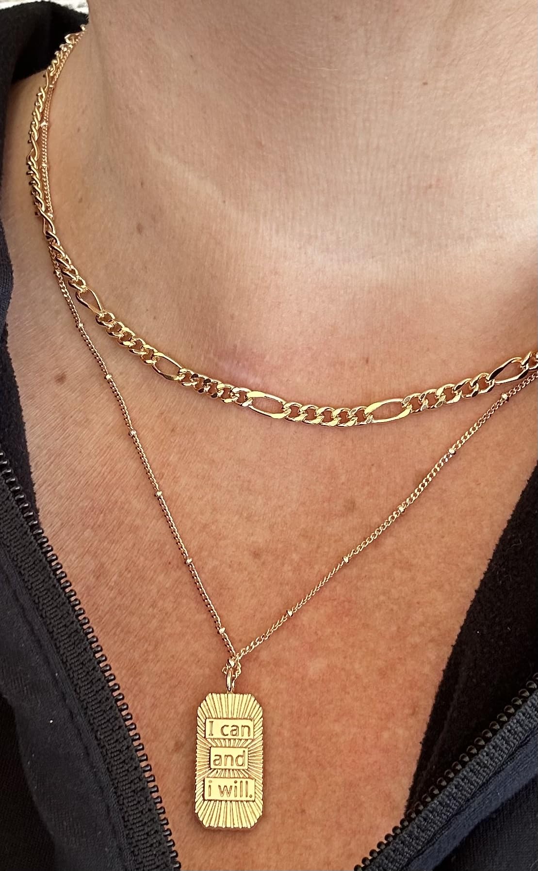 Gold Initial Necklace for Women 14K Gold Plated Figaro Chain Choker Layered Necklaces Set Bar Rectangle Pendant Necklaces Simple Dainty Letter Necklace Everyday Gold Jewelry customer photo 1