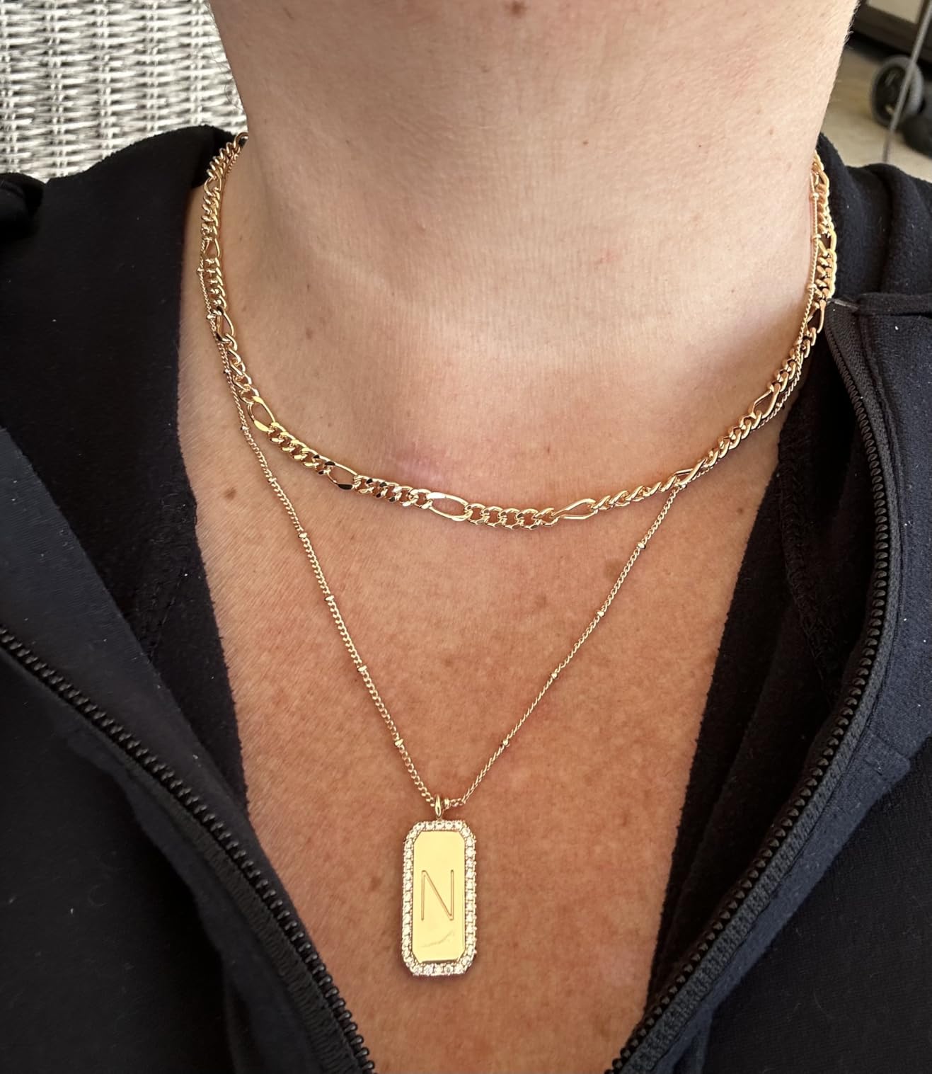 Gold Initial Necklace for Women 14K Gold Plated Figaro Chain Choker Layered Necklaces Set Bar Rectangle Pendant Necklaces Simple Dainty Letter Necklace Everyday Gold Jewelry customer photo 2