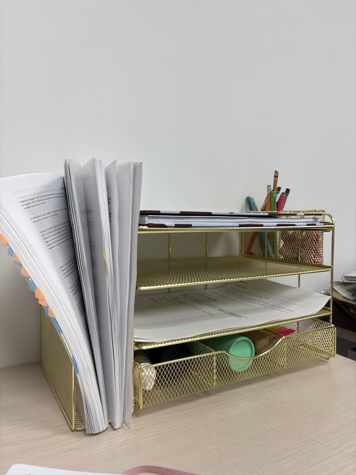gianotter Desk Organizers and Accessories with File Holder, 4-Tier Desk Accessories & Workspace Organizers with Drawer and 2 Pen Holder, Paper Organizer for Office Supplies (Rose Gold) customer photo 2