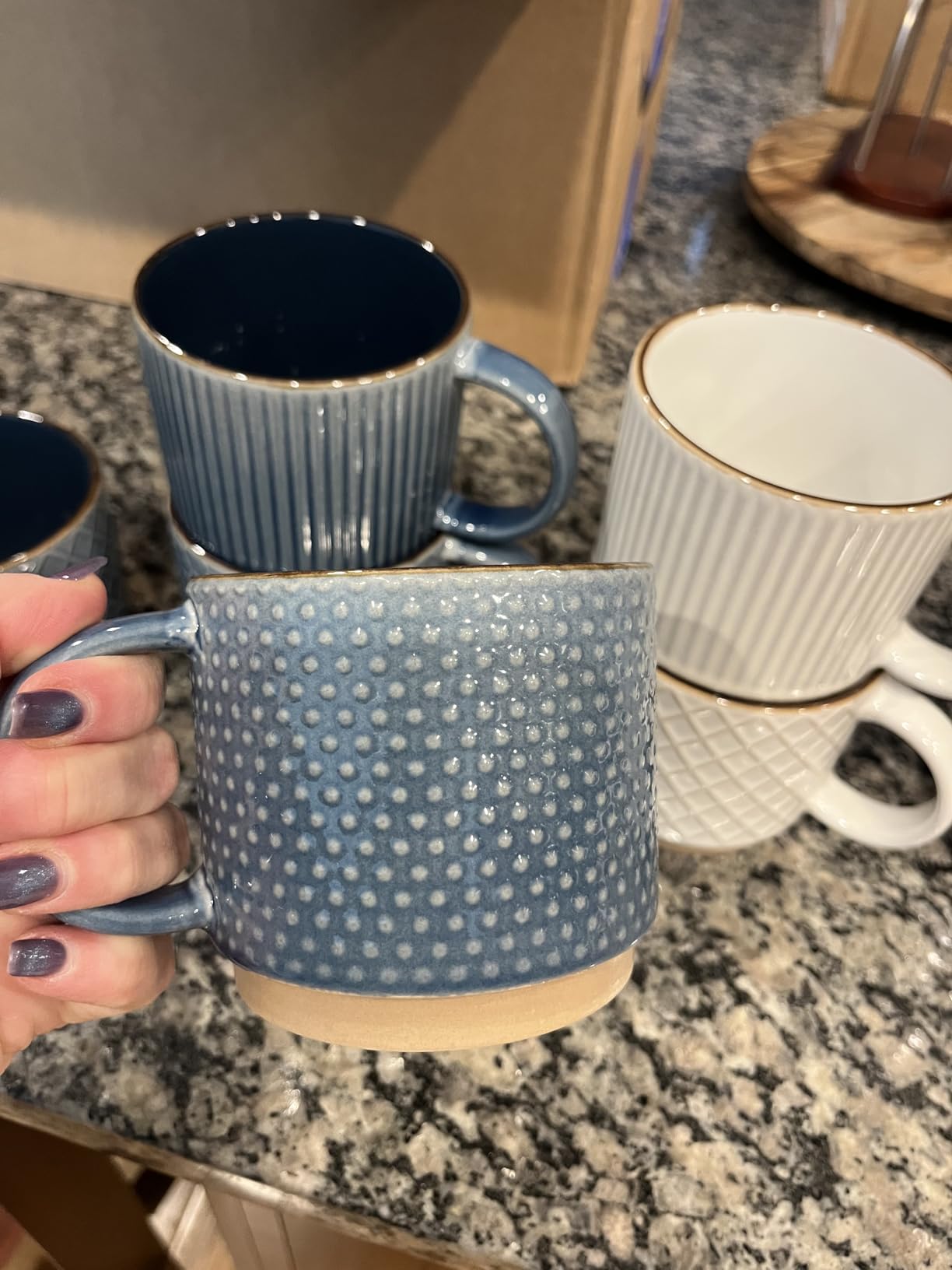 GBHOME 12OZ Stackable Coffee Mugs, Ceramic Coffee Mugs with Texture Patterns for Man,Woman,Dad,Mom, Modern Coffee Mugs Set of 4 for Latte/Cappuccino/Cocoa. Dishwasher&Microwave Safe, Off White customer photo 1