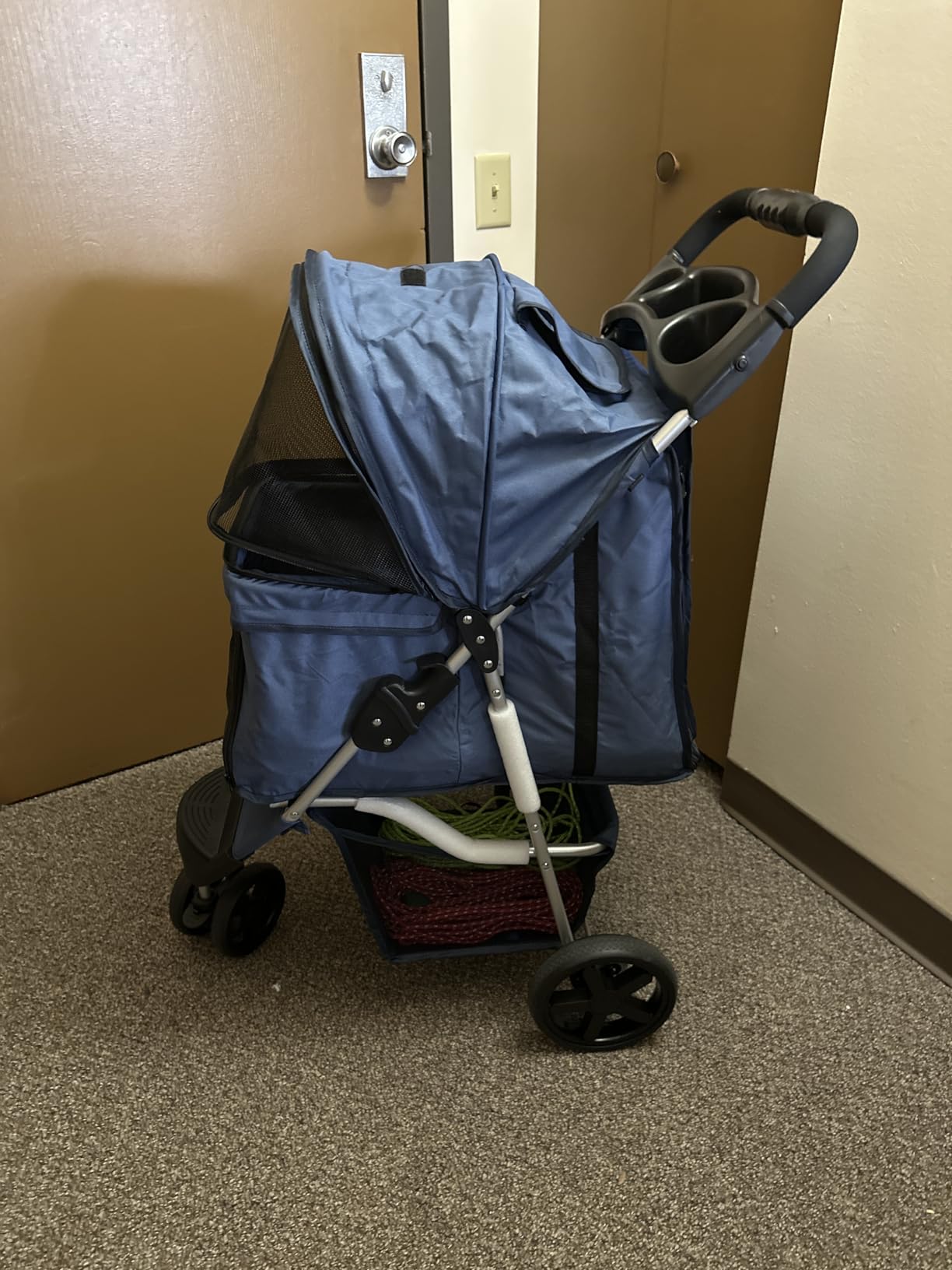 MoNiBloom Foldable Pet Stroller with Weather Cover, 3 Wheels Pet Strolling Cart for Small/Medium Dogs and Cats with Storage Basket and Cup Holder, Breathable and Visible Mesh for All-Season, Black customer photo 1