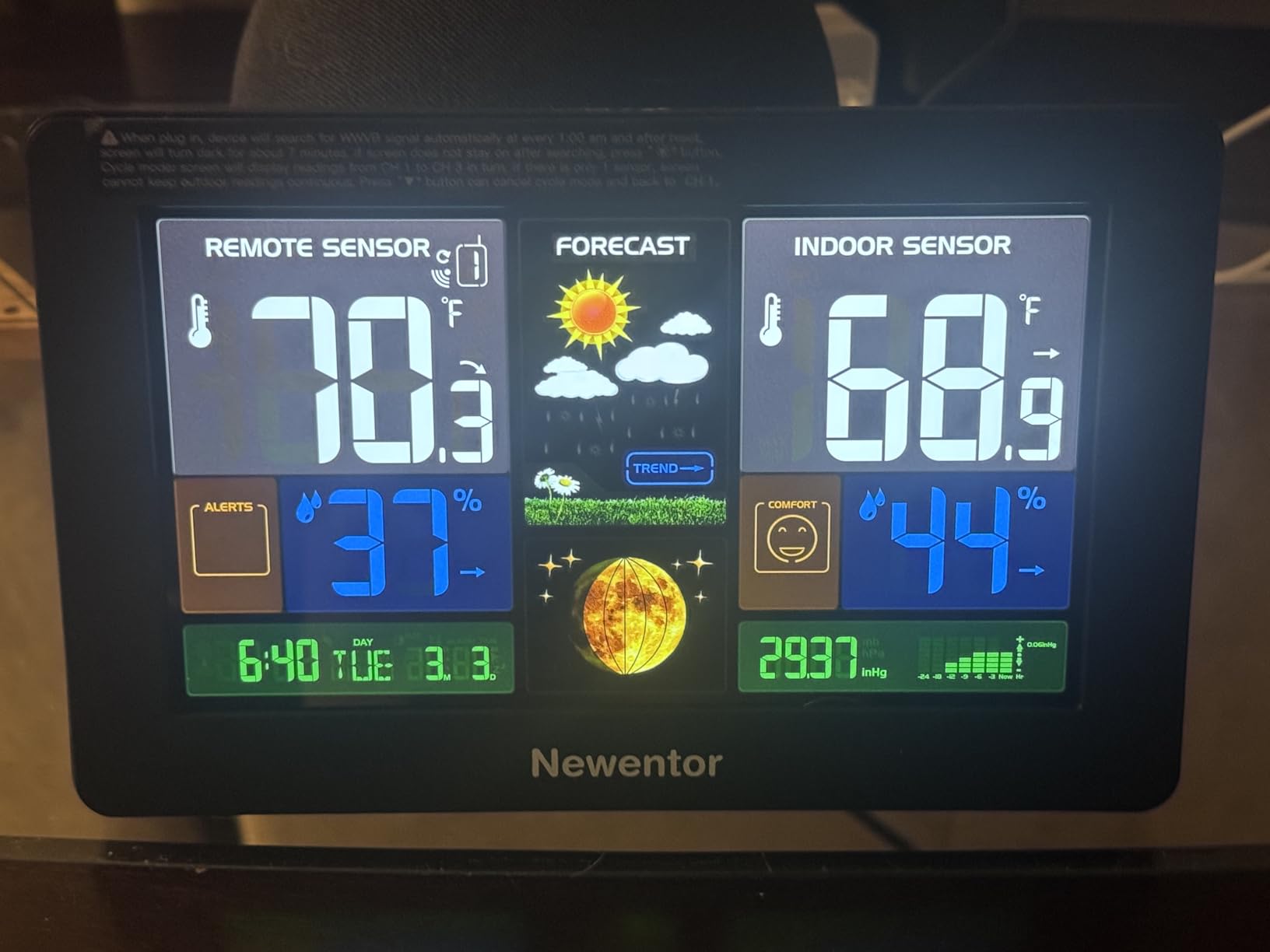 Newentor Weather Station Wireless Indoor Outdoor Thermometer, Color Display Digital Weather Thermometer with Atomic Clock, Barometric Pressure, Forecast Station with Adjustable Backlight, Black, 3 Sensor customer photo 2