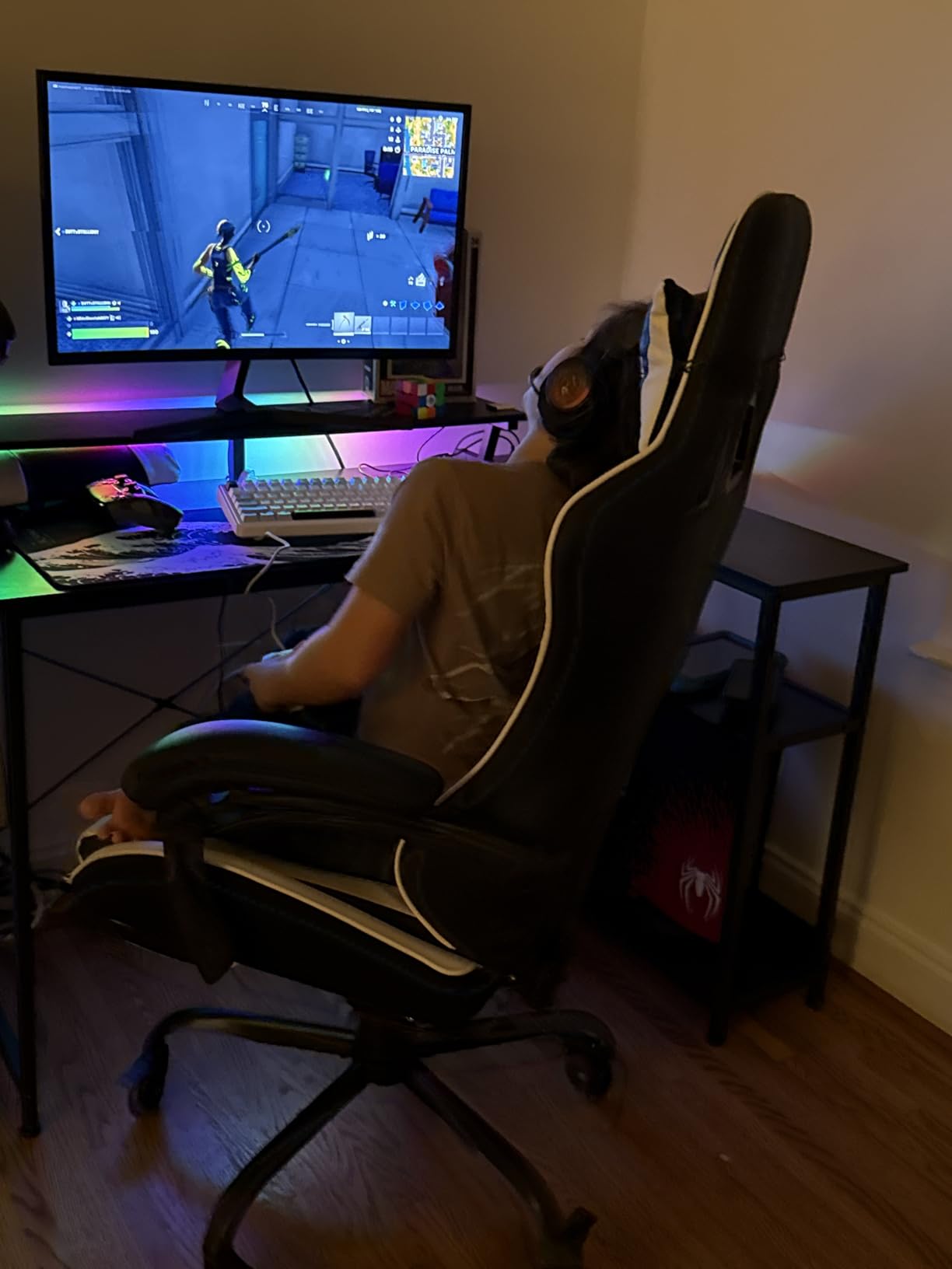 ODK 48 Inch Gaming Desk with USB Charging Ports and LED Lights, Reversible L Shaped Computer Desk with Storage Shelves & Monitor Stand, Corner Gamer Desk Table with Power Outlets, Black customer photo 1