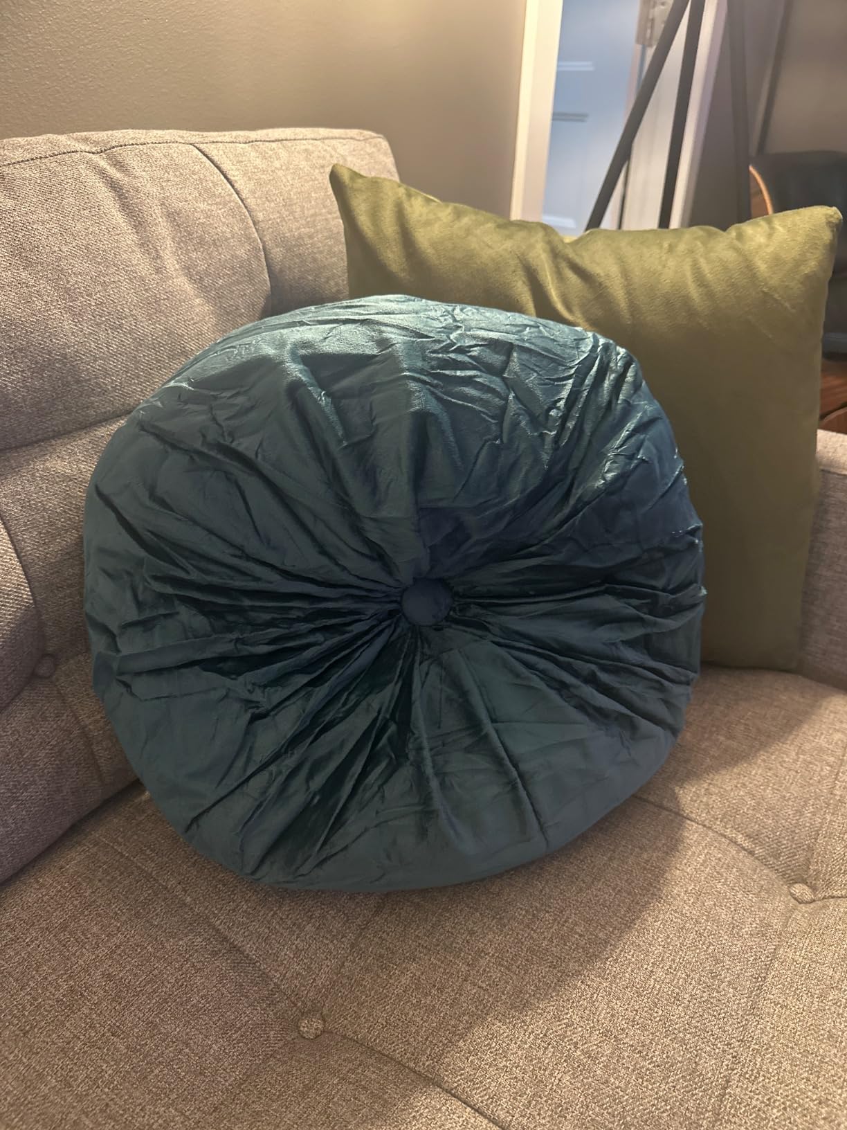 Round Throw Pillows for Couch Bed Pleated Velvet Decorative Pillow Round Floor Pillow Cushions for Living Room Floor 13.8,Orange customer photo 1