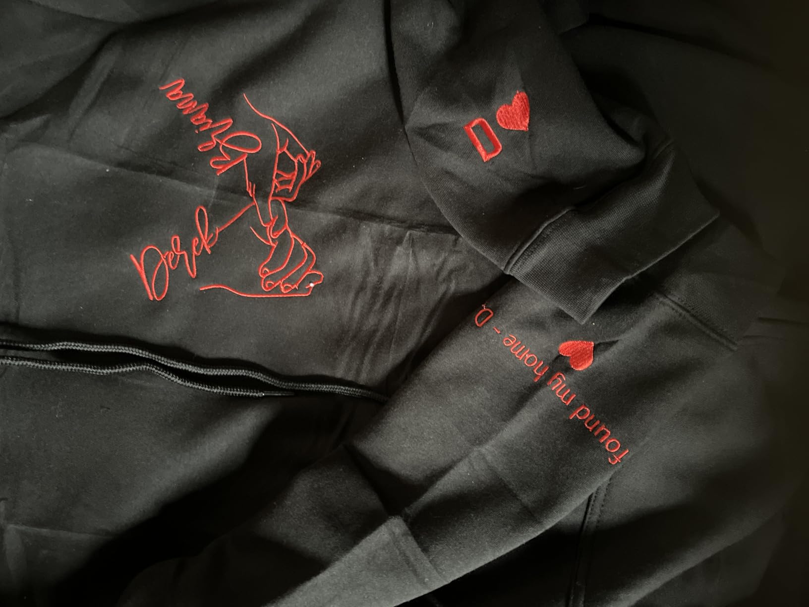 Personalized Embroidered Hands Holding Line Art Hoodies, Couple Matching Sweatshirt, Custom Quote On Right Sleeve, Custom Letter Name On Left Sleeve, Anniversary customer photo 1
