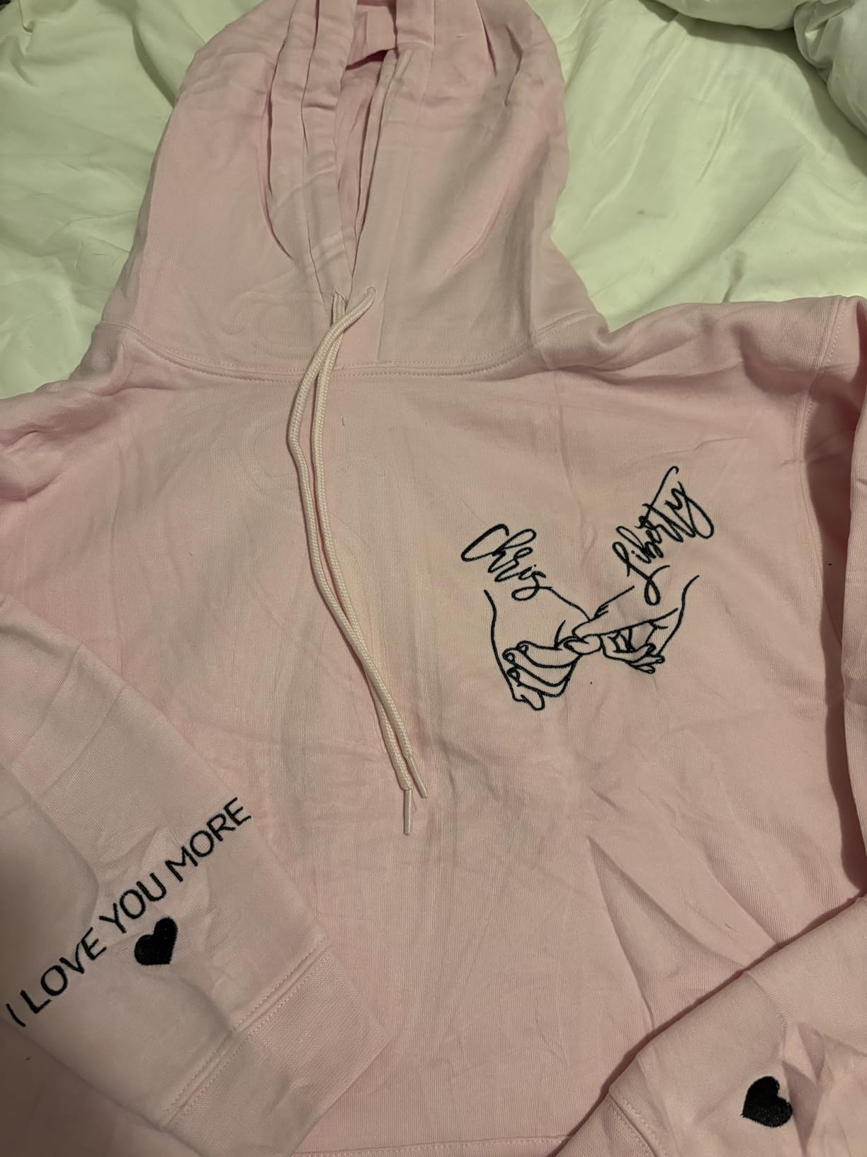 Personalized Embroidered Hands Holding Line Art Hoodies, Couple Matching Sweatshirt, Custom Quote On Right Sleeve, Custom Letter Name On Left Sleeve, Anniversary customer photo 2