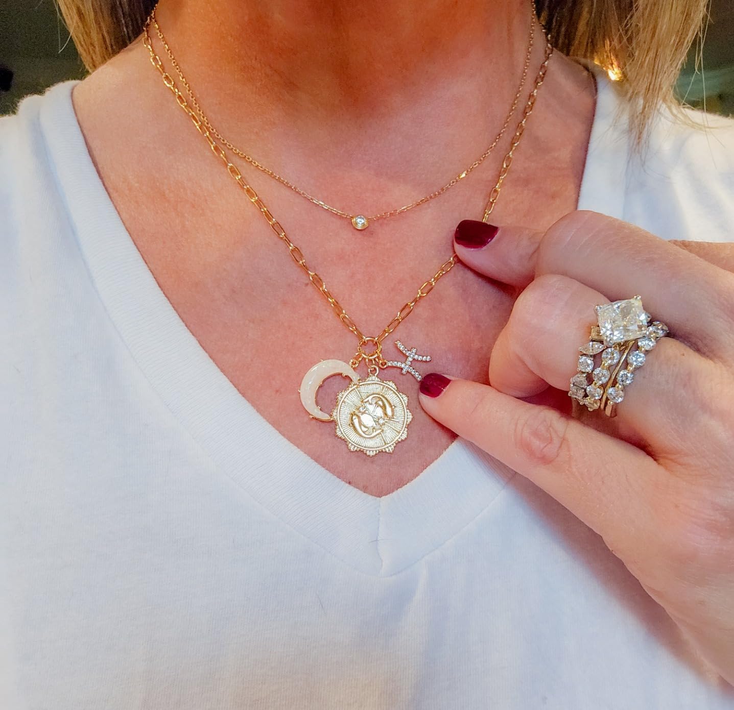 Gold Zodiac Sign Coin Necklace with Opal Crescent Moon Charm for Women Trendy, Dainty Gold Paperclip Chain 12 Constellation Horoscope Necklaces Astrology Jewelry Gifts customer photo 1