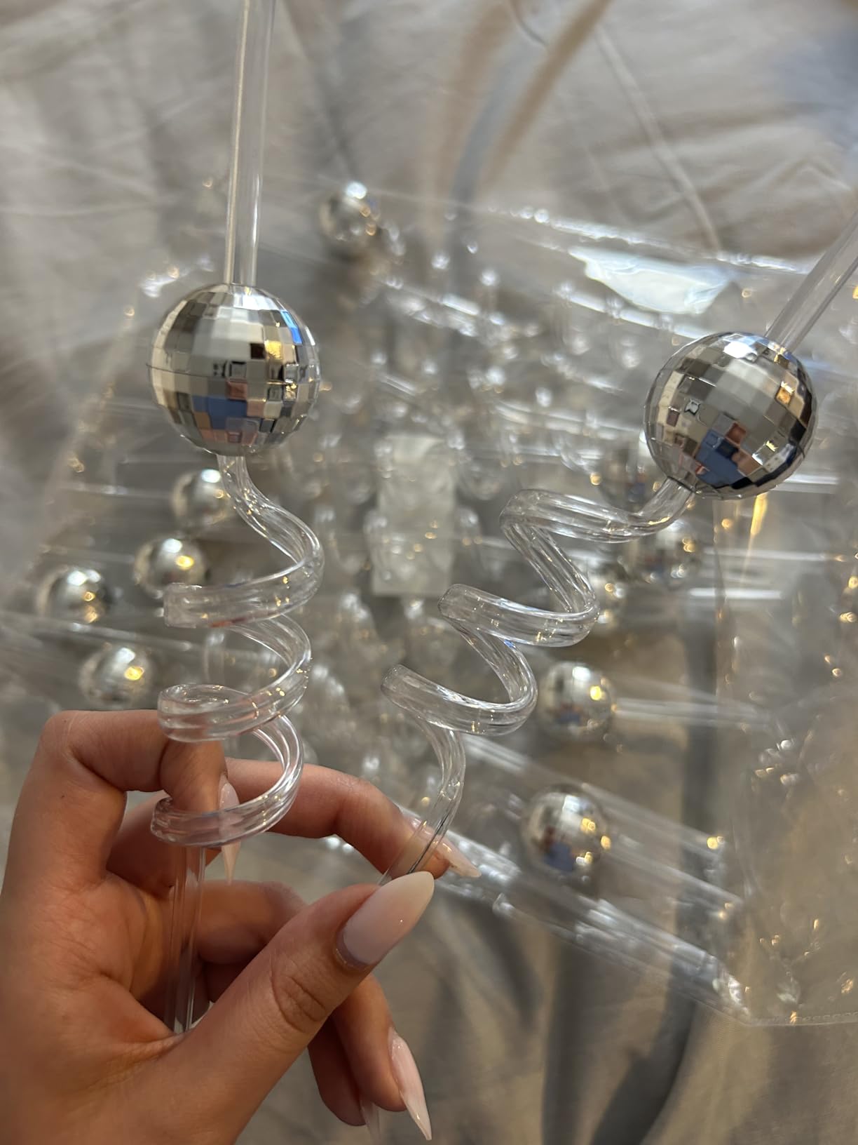 16PCS Disco Party Decorations, Mini Disco Ball Decor Reusable Straw, 70s Disco Ball Straws for Bachelorette Party Decorations Birthday Supplies (Silver) customer photo 2