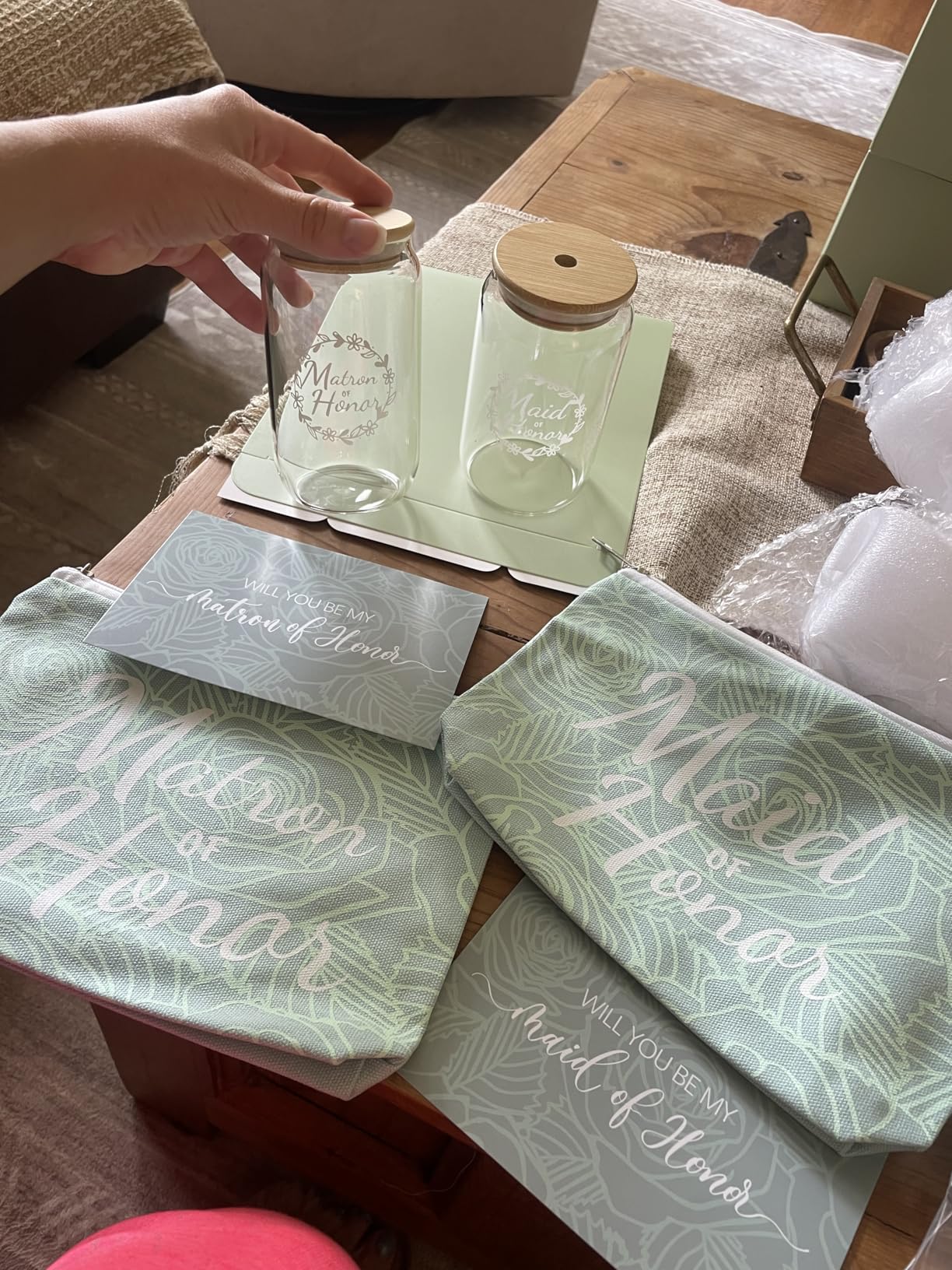 72 Pcs Bridesmaid Proposal Gifts, Will You Be My Bridesmaid, Bride Maid and Matron of Honor Gifts Include Gift Box Glass Cup Makeup Bag Cards Lip Balm Hair Scrunchie Bracelet (Pink) customer photo 2