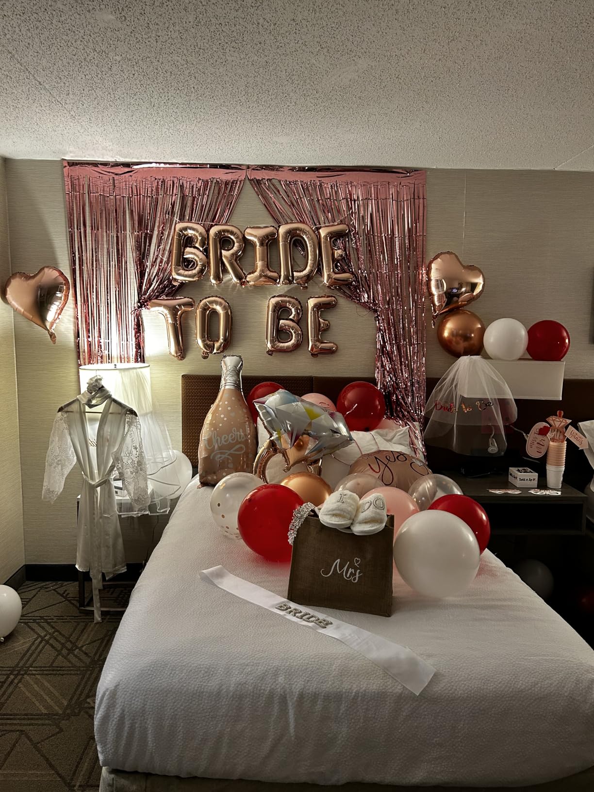 VIDAL CRAFTS Rose Gold Bridal Shower Decorations, 62-Piece Pink Bachelorette Party Decorations with Bride to Be Banner, Confetti Balloons, Bride Sash, Veil, Fringe Curtain & Photo Props customer photo 1