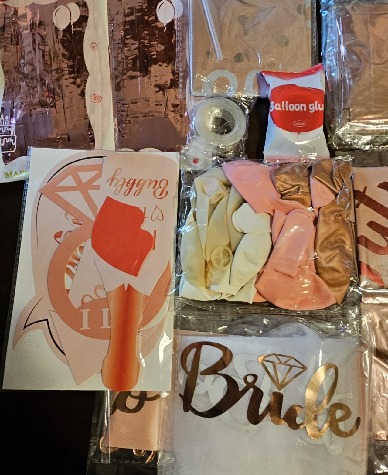 VIDAL CRAFTS Rose Gold Bridal Shower Decorations, 62-Piece Pink Bachelorette Party Decorations with Bride to Be Banner, Confetti Balloons, Bride Sash, Veil, Fringe Curtain & Photo Props customer photo 2