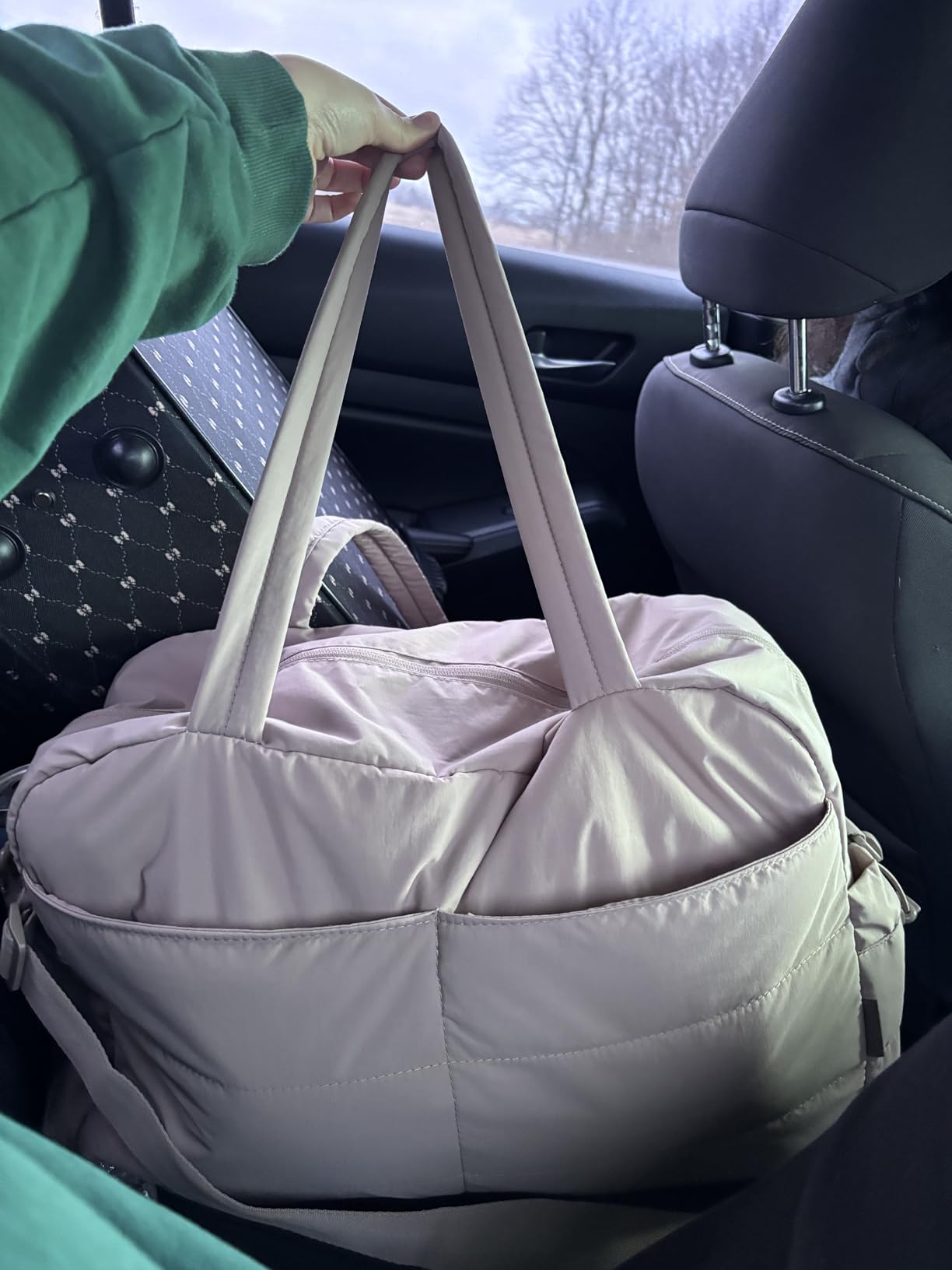 Gym Bag for Women, Lightweight Puffer Duffle Bag 2-PC Travel Bag, 31L Weekender Overnight Bag Quilted Carry On Tote Bag, Diaper Hospital Dance bag for Travel, Gym, Water Resistant, Camel customer photo 1