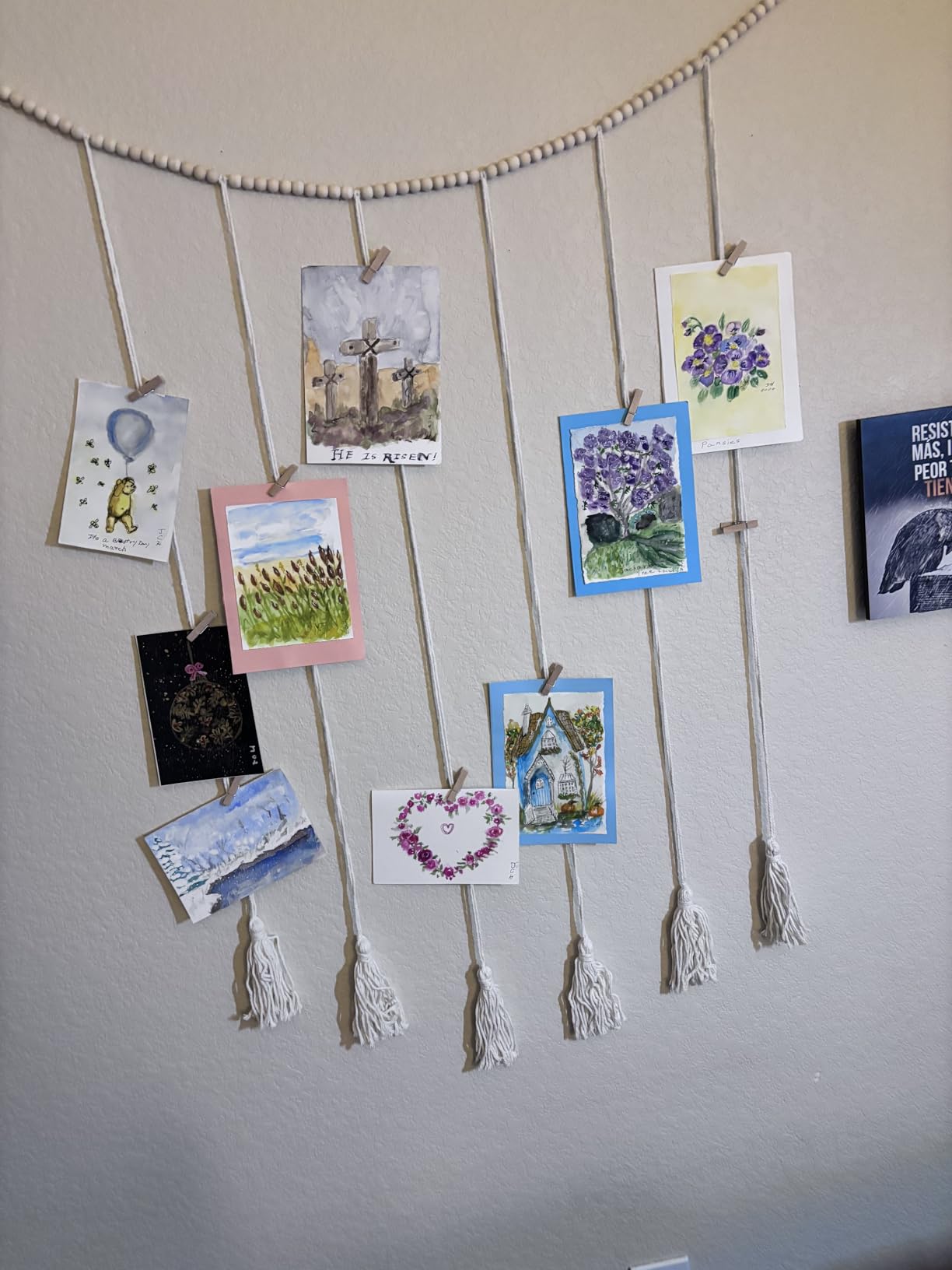 Hanging Photo Display with Clips Wall Boho Decor Beads Garland with Led Lights - Sculptural Picture Frames Collage - 30 Clothespins - 2 Non-Trace Hook - Photo Clip String Lights - 45 x 45 inch customer photo 2