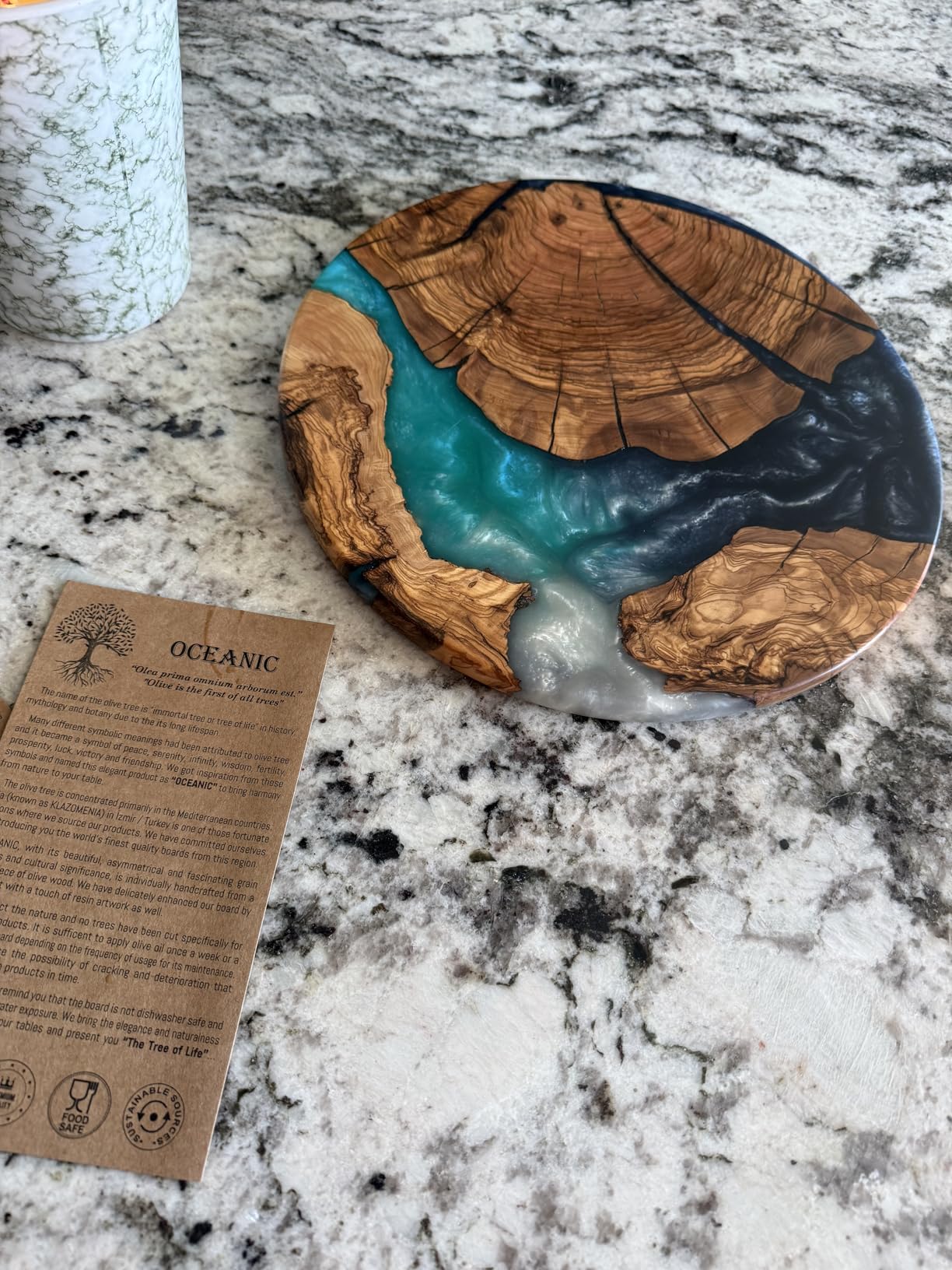 Handmade Olive Wood Round Resin Cheese & Charcuterie Board - Circular Decorative Epoxy Cutting Board with Unique Blue Resin Artwork, Ocean Oasis Design customer photo 1