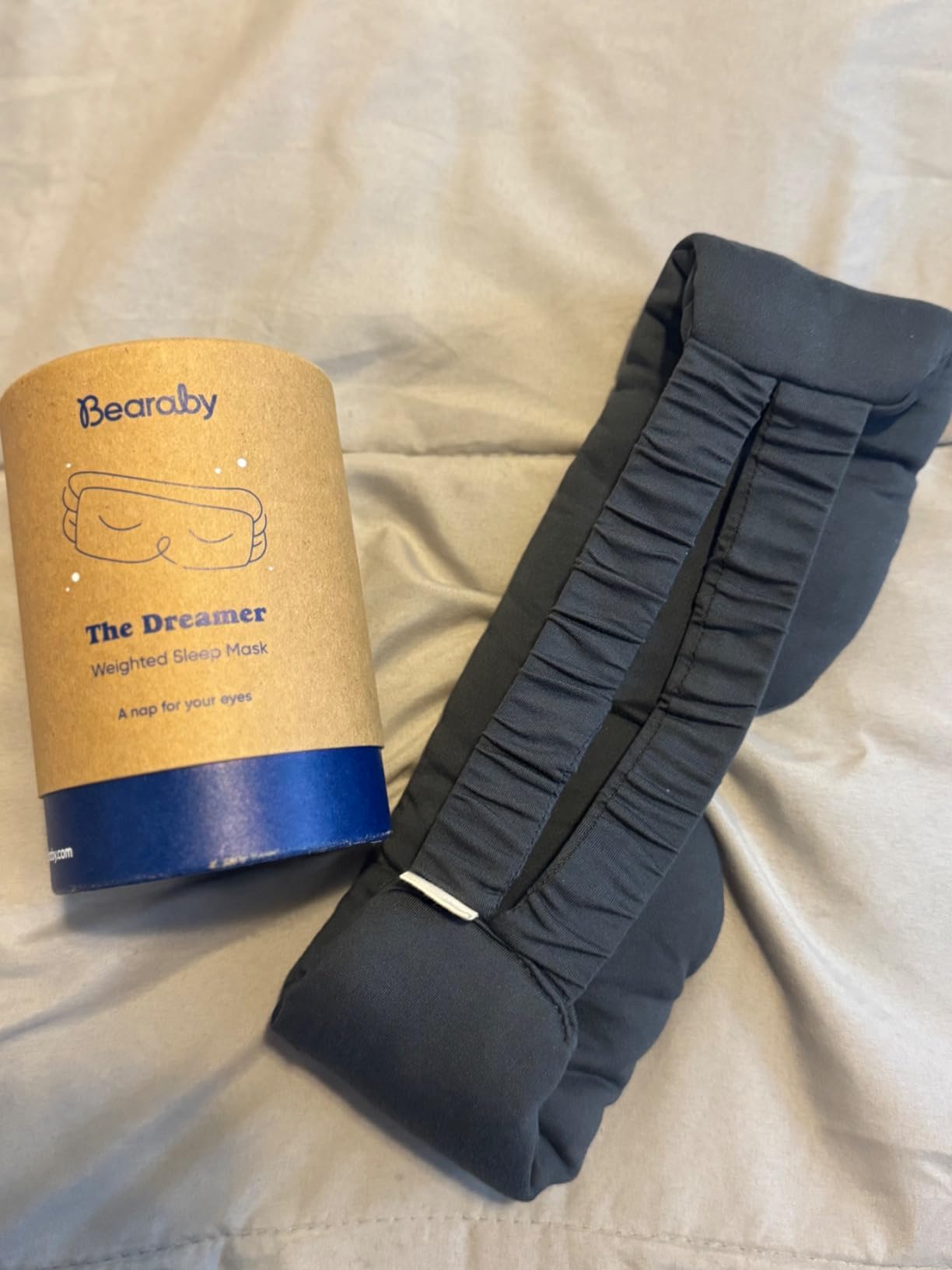 Bearaby Asteroid Grey Sleep Mask 23 x 4 Weighted Eye Mask for Sleeping 0.75 lbs 100% Light Blocking Mask for Travel and Rest Silky Soft Fabric for Deep Gentle Sleep customer photo 2