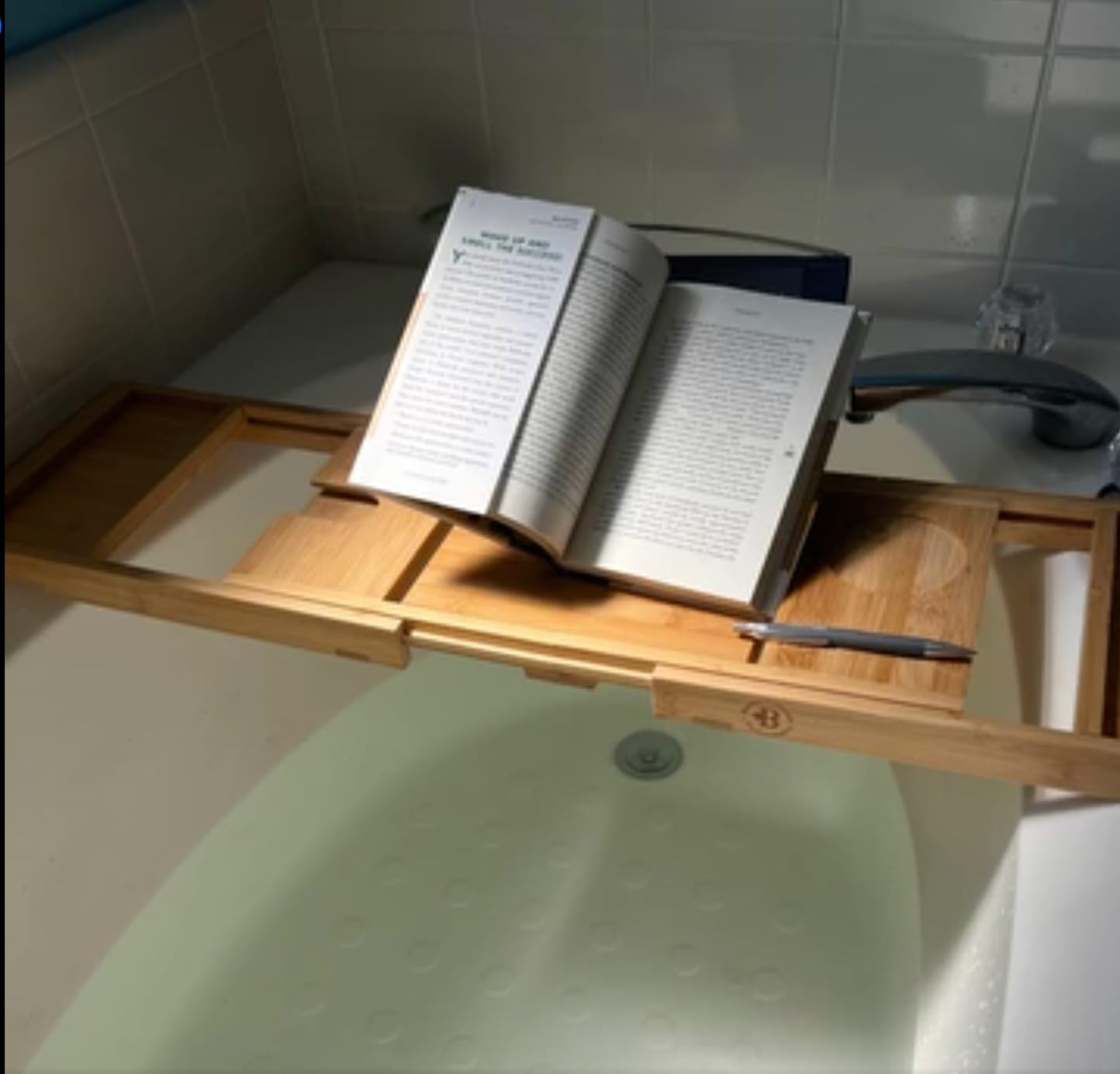 Wooden Bathtub Tray - Foldable & Expandable Bamboo Bath Tray for Tub with Wine Holder, Book & Tablet Stand - Bath Caddy Tray for Bathtub, Spa Bath Accessories, Tub Tray Table, (Brown) customer photo 2