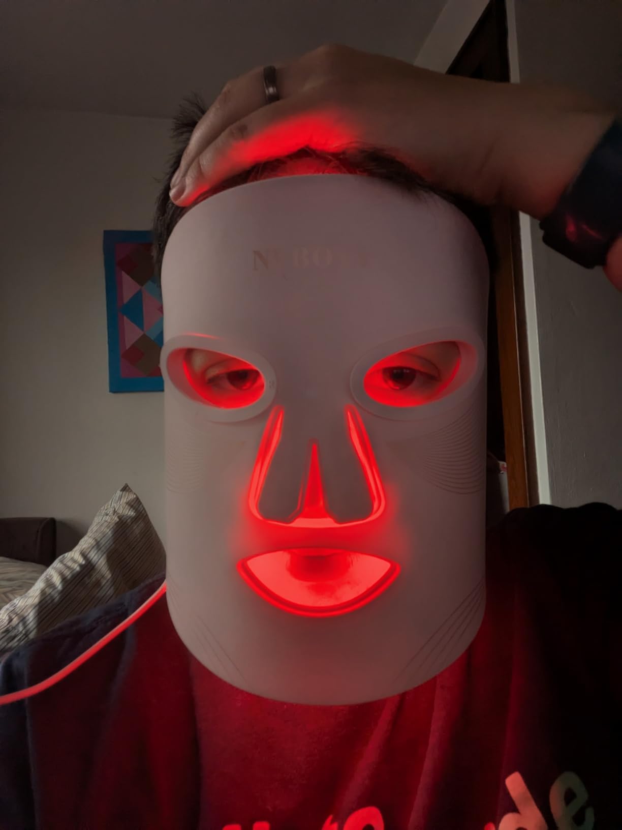 LED Face Mask Light Therapy, 4 Modes Portable Red Light Therapy for Face, 2000mAh Rechargeable Remote, Blue, Orange, 850NM Infrared & Red Light Mask, 400 LEDs customer photo 2