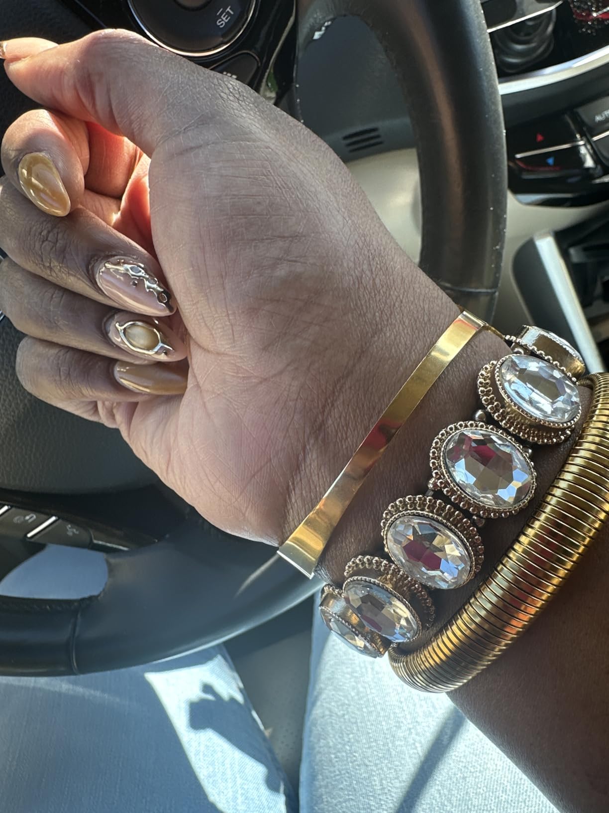 Gold Bangles for Women Set of 3 Chunky Stretch Bangles Bracelets 24K Gold Plated Stainless Steel Bracelets Flexible Wide Stack Bracelets Designer Look Alike Jewelry for Women customer photo 2