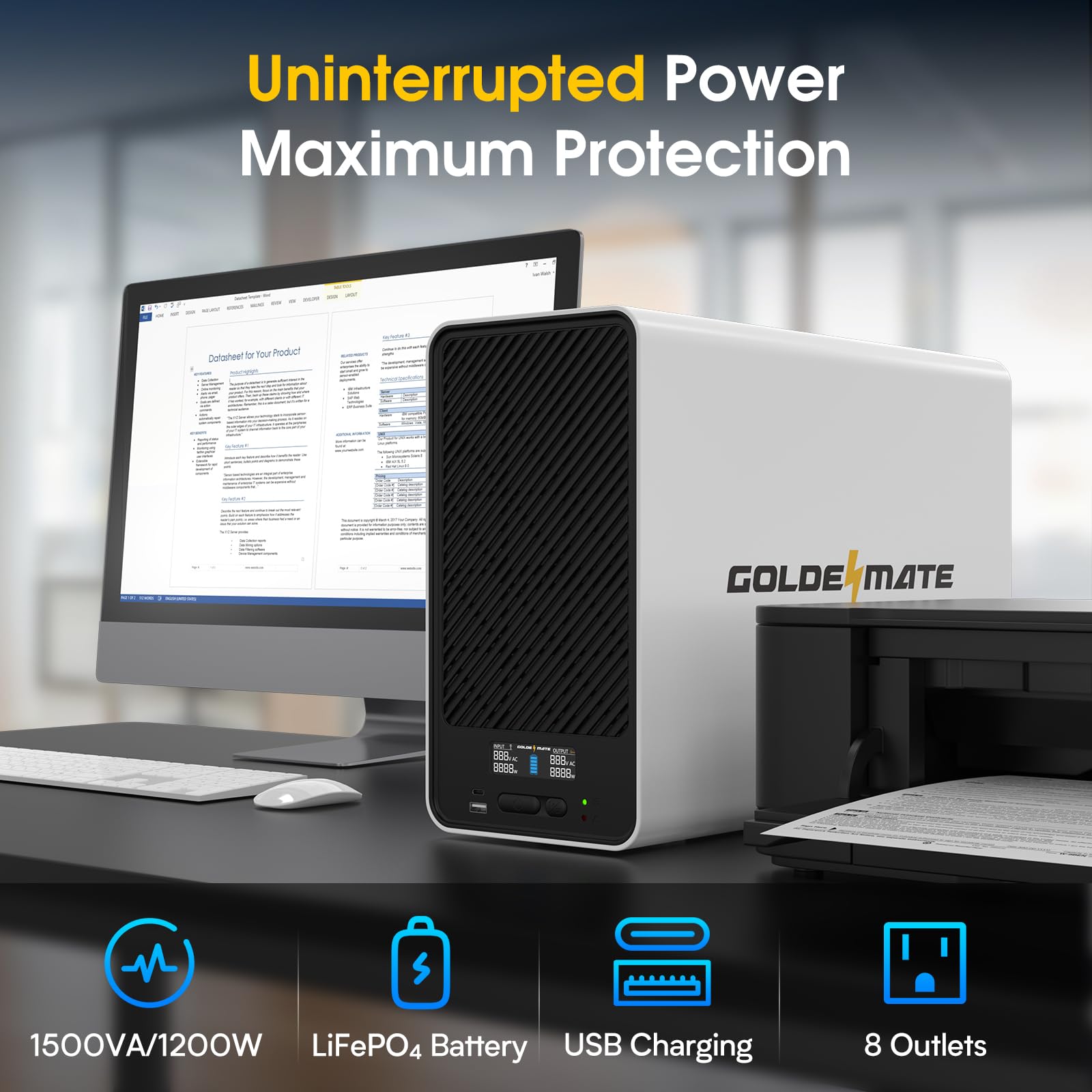 GOLDENMATE 1500VA/1200W Lithium UPS Battery Backup and Surge Protector, Backup Battery Power Supply with LiFePO4 Batteries(296Wh), AVR, Line Interactive Sinewave UPS System, 8 Outlets, LCD Display customer photo 2