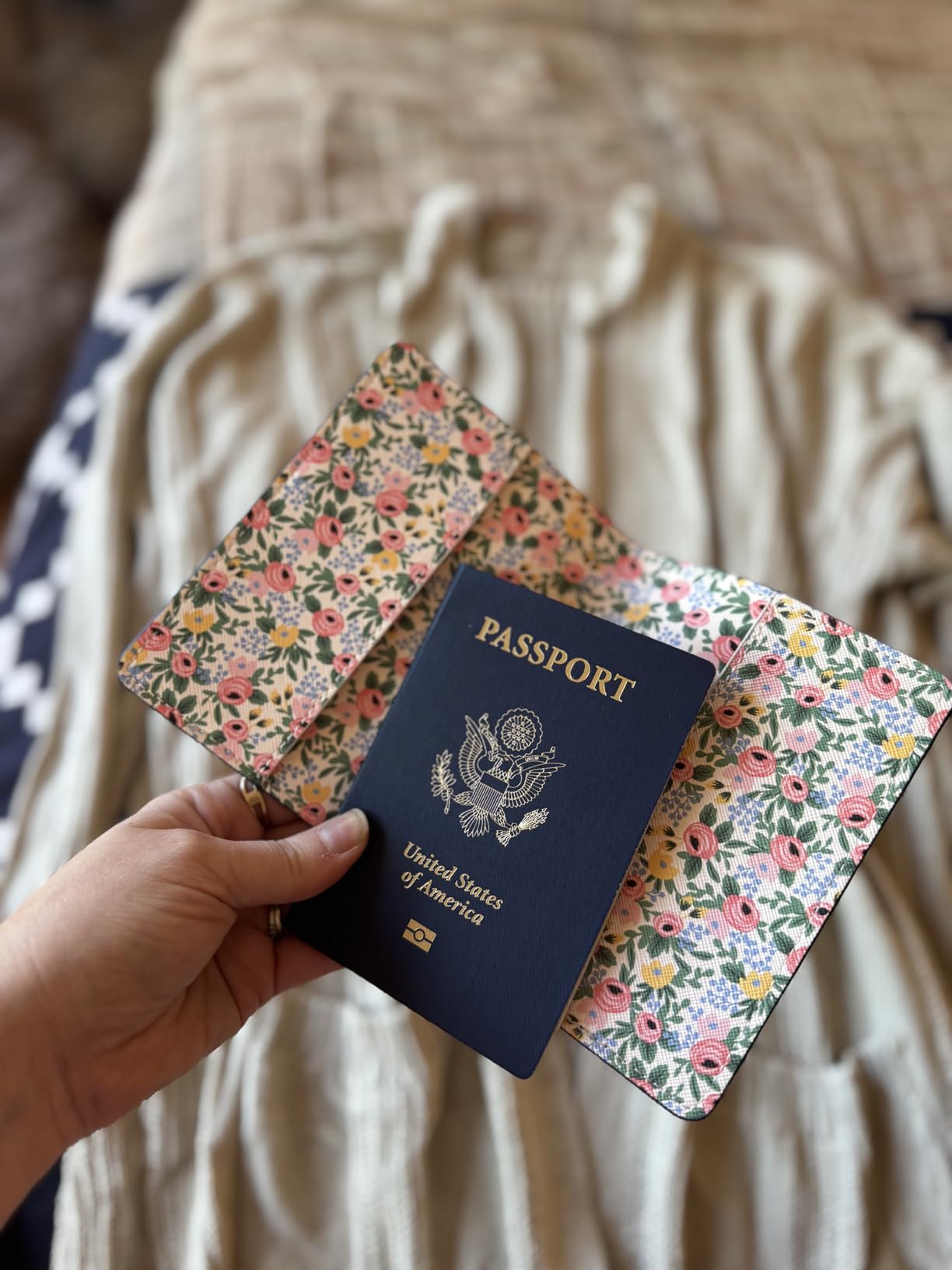 RIFLE PAPER CO. Rosa Passport Holder, Travel Essentials for Women, Card and Passport Anti Theft Wallet, Sized to Fit All Standard Passports, 5.5