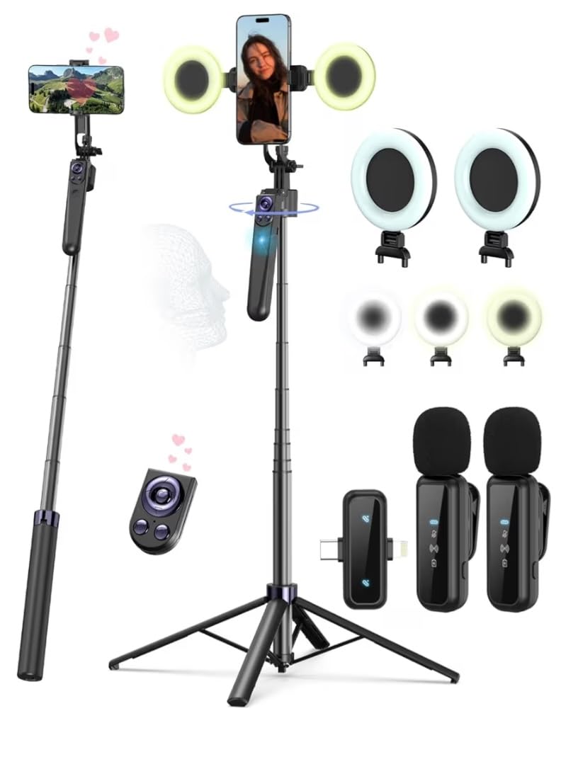 Vlogging Kit for iPhone/Android, 63 Auto Face Tracking Tripod for iPhone with Light, Wireless Microphones, Scrolling Remote Control for TikTok, Content Creator Kit for YouTube Starter customer photo 1