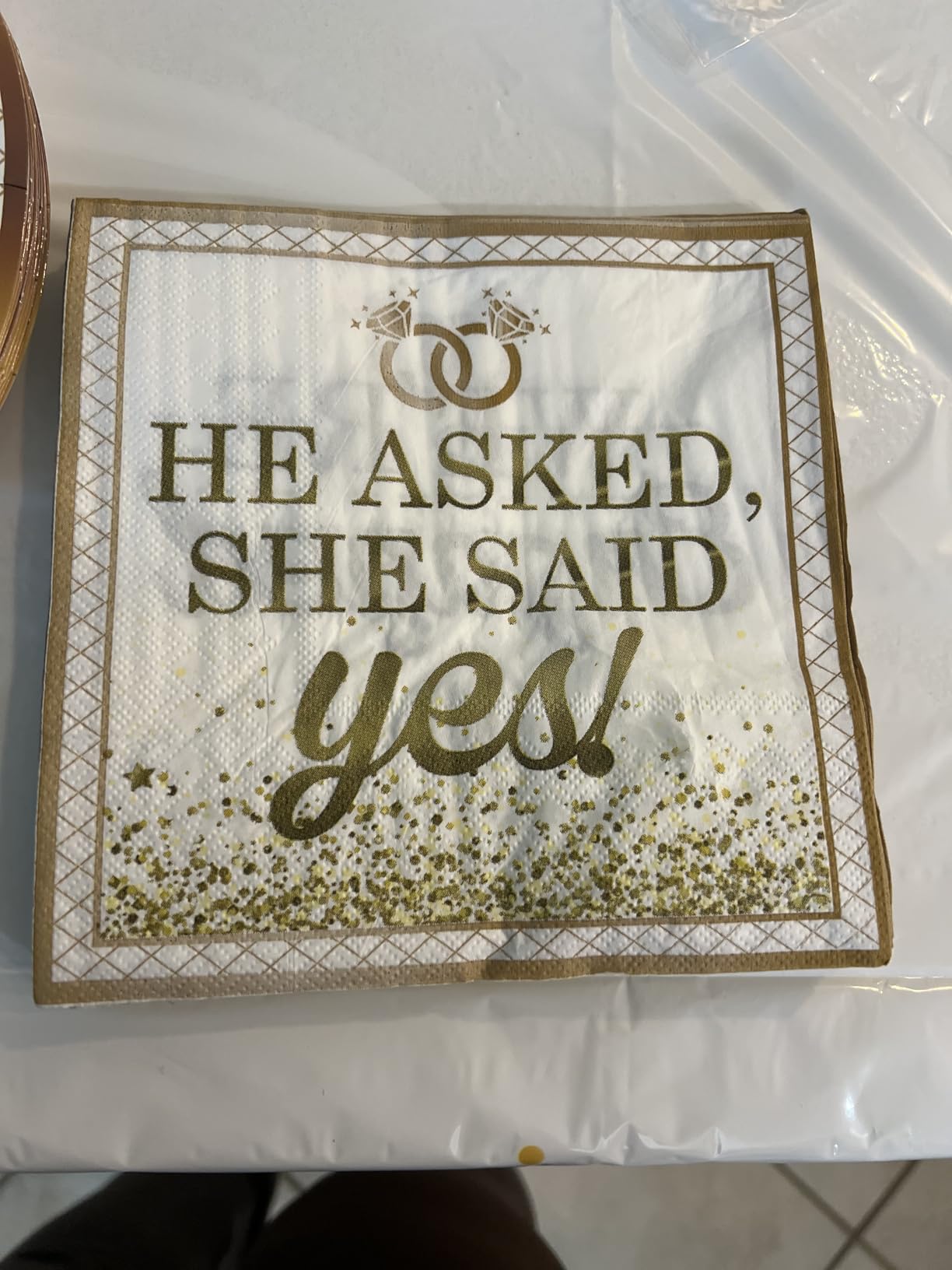 Engagement Party Decorations, Happy Engagement Banner Ring Foil Balloons He Asked She Said Yes Disposable Dinnerware with 2 Pcs Waterproof Engaged Tablecloth Wedding Proposal Decorations Party Decor customer photo 1