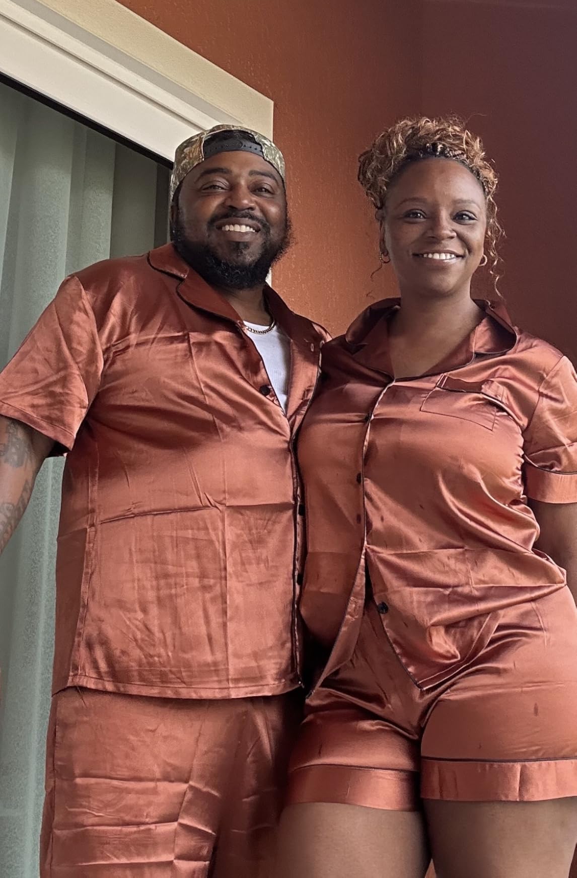 Couple Matching Pajamas Sets Silk Short Sleeve Button Down Sleepwear Satin Pjs Shorts Set Soft Lounge Set S-XXL customer photo 1