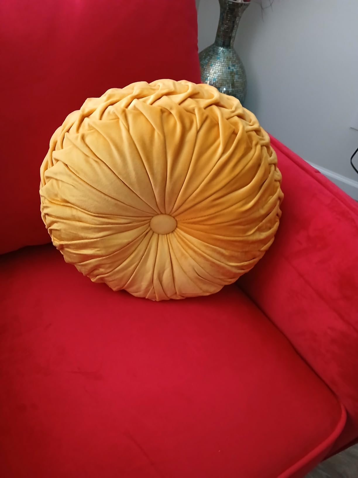 HIG Set of 2 Yellow Ruched Velvet Round Throw Pillows - 14.5'' Decorative Pillows with Soft Polyester Filling for Couch, Bed, Living Room, Bedroom, or Dorm - Handmade, Stress Relieving, All-Season customer photo 1