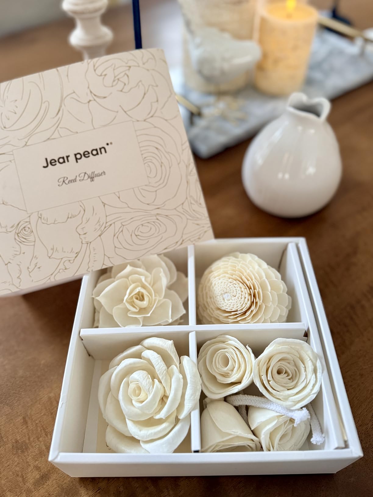 Flower Reed Diffuser Sola Wood Flowers Natural Material Aromatherapy Reed Decorative Aromatherapy Flower Refill Diffuser Reeds, 7Pcs Flower, 7Pcs Rope, 8 Pcs Diffuser Rattan (2-3.5 Inches, White) customer photo 1