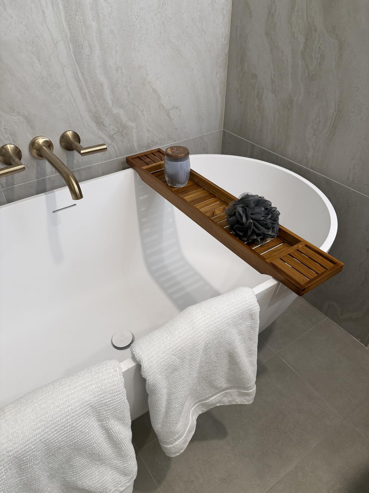 VaeFae Teak Bathtub Tray, Wooden Bath Caddy for Bathtub, Bath Tub Wood Table for Tub customer photo 1