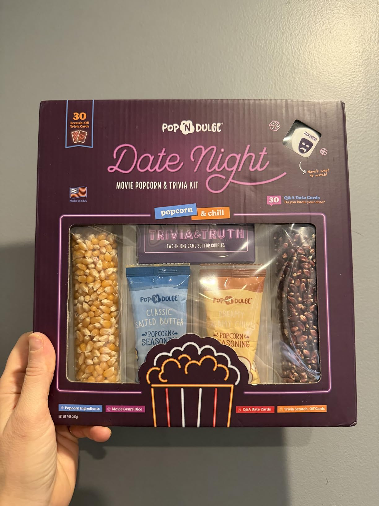Date Night Scratch Off Cards Movie Popcorn Gift Set, Best Couples Gift Ideas, 30 Date Night Scratch Off Cards, Movie Night Dice Game, Popcorn Kernels & Gourmet Seasoning, Couples Gifts for Her Him, Kosher customer photo 2