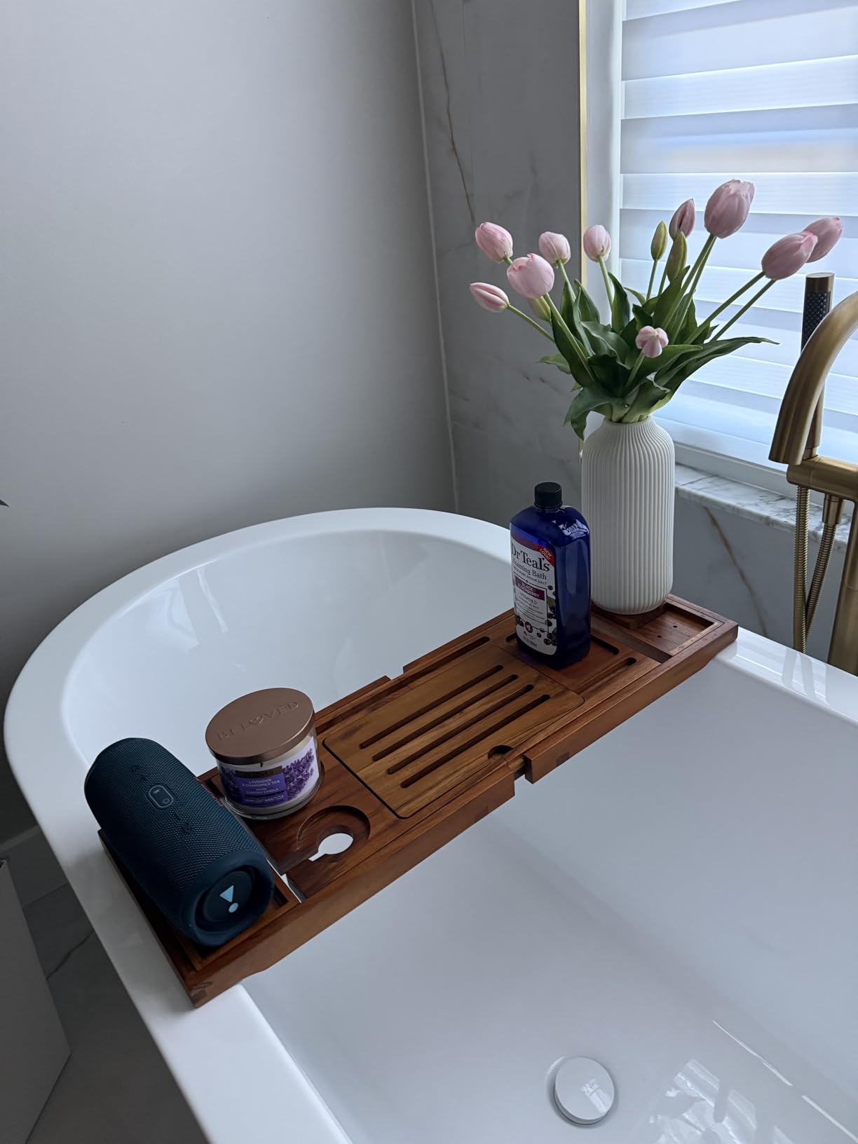 Teak Bathtub Tray, Bath Caddy with Wine Glass Holder, Phone Dock & Book Stand | Hands-Free Reading & Ultimate Spa Relaxation Experience-Natural customer photo 1