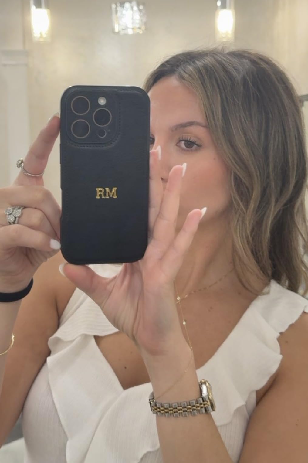 Custom Embossed Case for iPhone 17/16/15/14/13/12/11 Pro Max Plus X XR Air - Personalized Leather Case with Gold Initial,Name,Date,Monogram,Engraving,Gifts Idea customer photo 1
