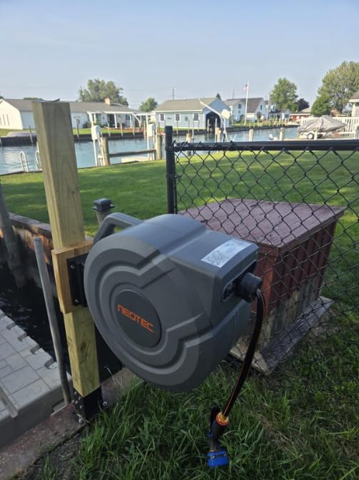 Upgraded Retractable Garden Hose Reel 1/2 inch x 130 ft Any Length Lock 9 Pattern Nozzle Wall-Mounted Automatic Slow Return 180° Swivel UV Resistant Heavy Duty Hose Reels for Outside customer photo 1