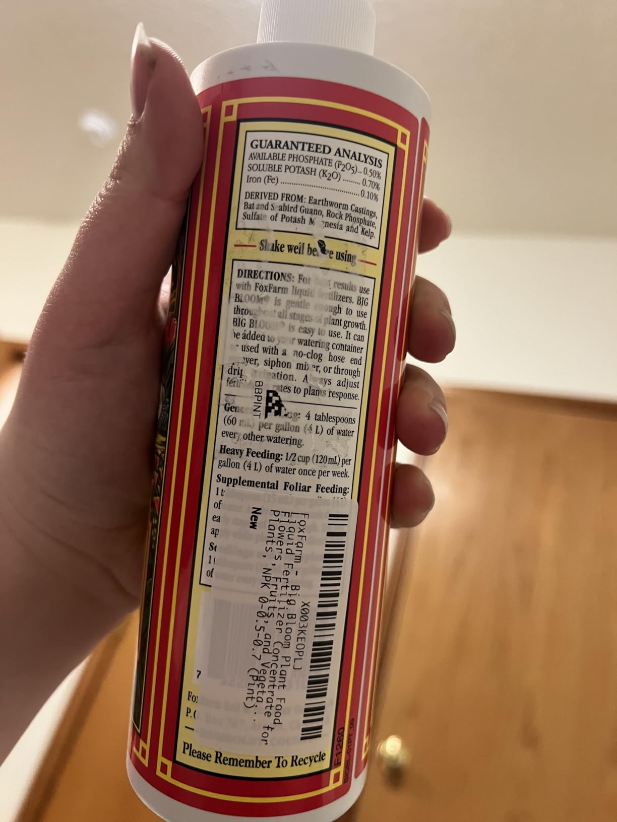 Fox Farm Big Bloom Liquid Plant Food - Organic Bloom Fertilizer for Flowering & Fruiting Plants, Contains Earthworm Castings & Bat Guano - Supports All Stages of Plant Growth - 0-0.5-0.7 NPK, 1 Pint customer photo 1