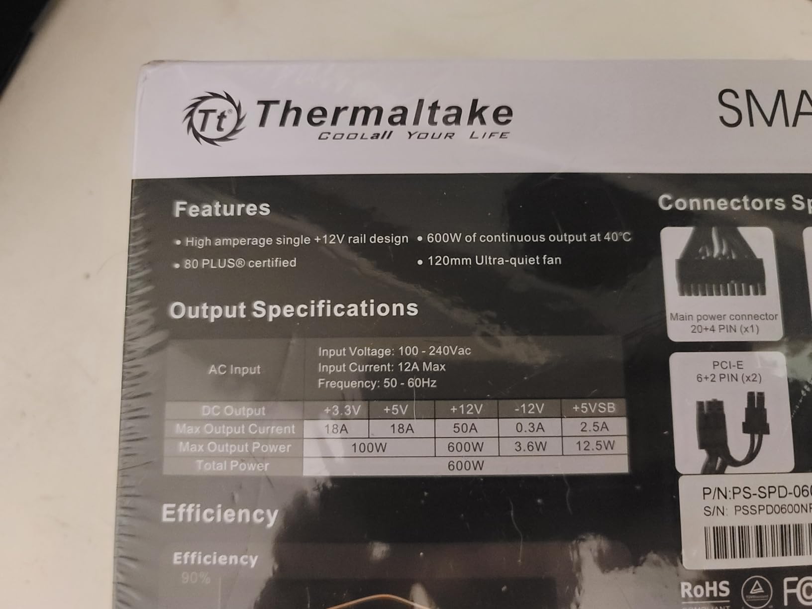 Thermaltake SMART 600W ATX 12V V2.3/EPS 12V 80 Plus Certified Active PFC Power Supply PS-SPD-0600NPCWUS-W customer photo 2